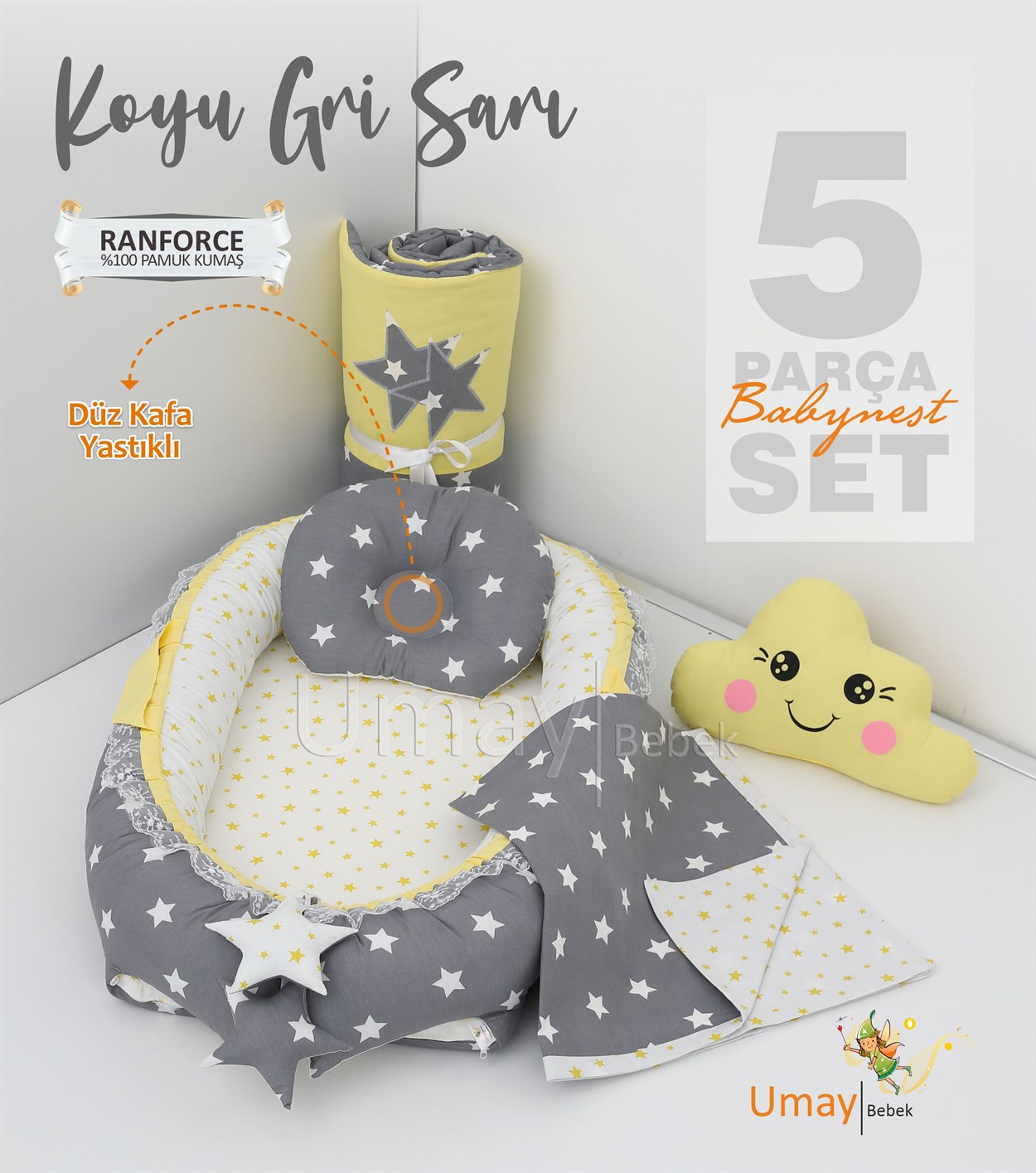 Umay Bebek5 parça Babynest, bebek pikesi, yorganı, dekoratif gülen yastık - Koyu Gri/Sarı