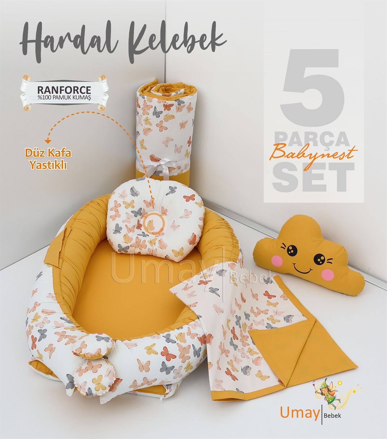 Umay Bebek5 parça Babynest, bebek pikesi, yorganı, dekoratif gülen yastık - Hardal Kelebek