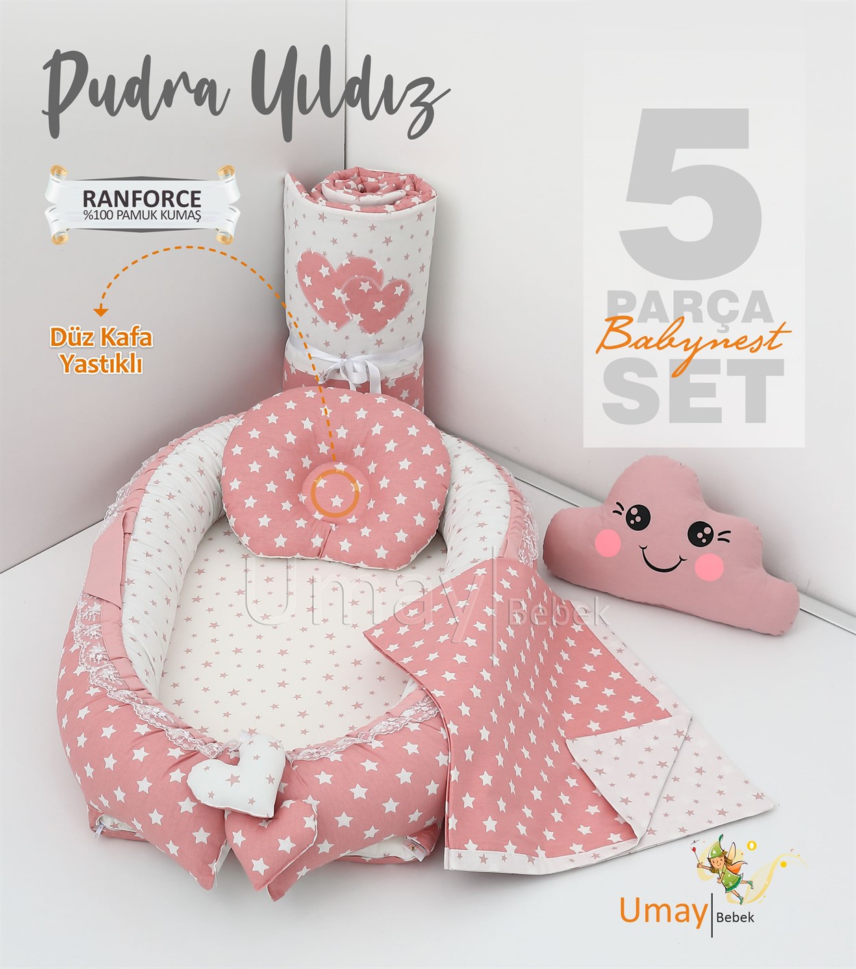 Umay Bebek5 parça Babynest, bebek pikesi, yorganı, dekoratif gülen yastık - Pudra Yıldız