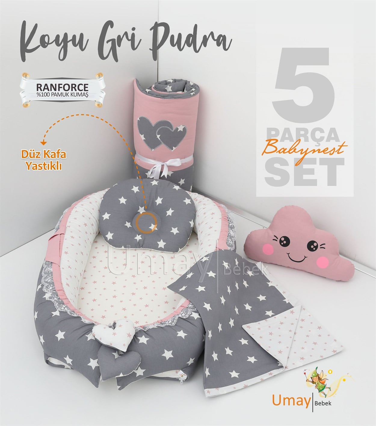Umay Bebek5 parça Babynest, bebek pikesi, yorganı, dekoratif gülen yastık - Koyu Gri/Pudra