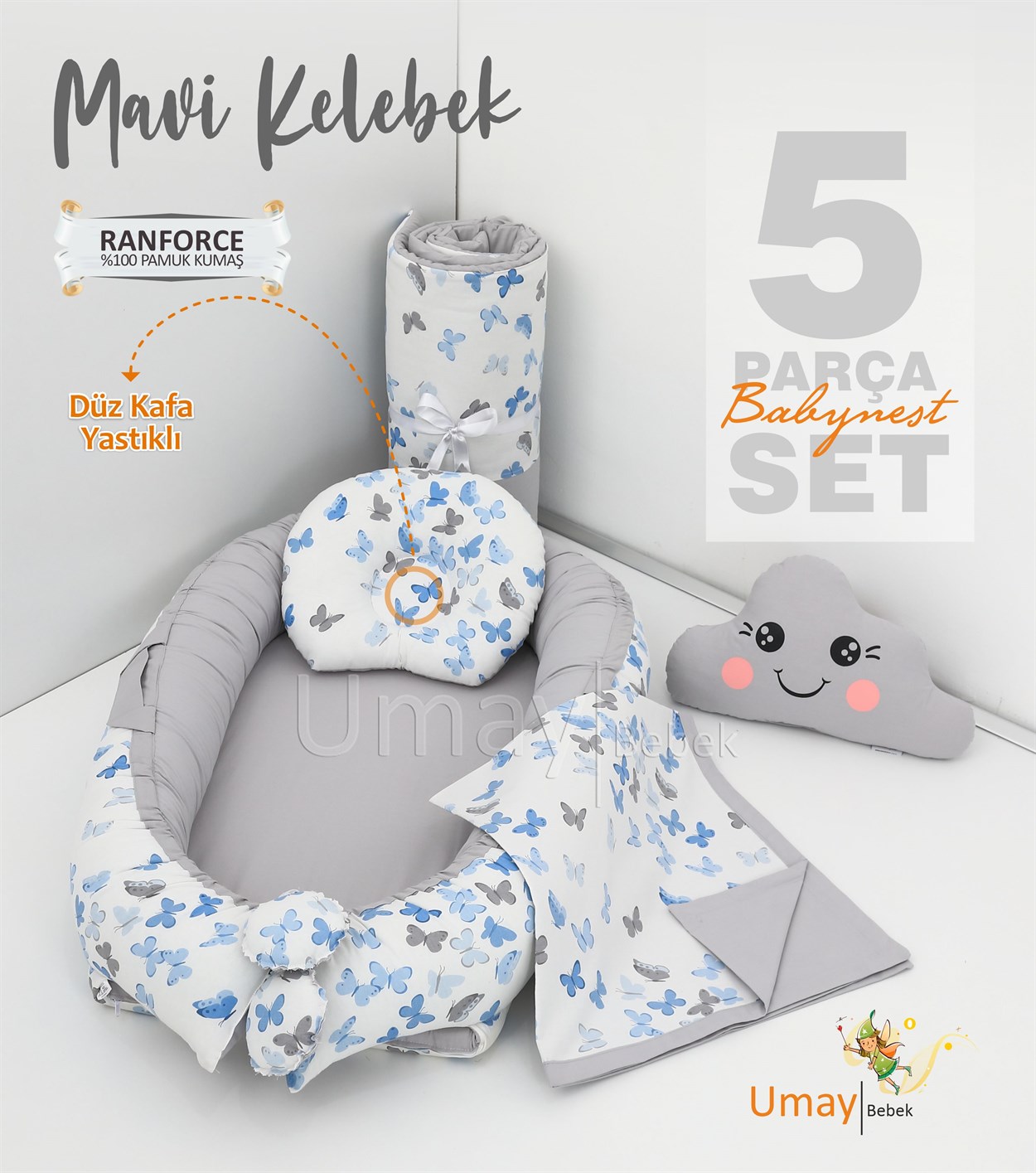 Umay Bebek5 parça Babynest, bebek pikesi, yorganı, dekoratif gülen yastık - Mavi Kelebek