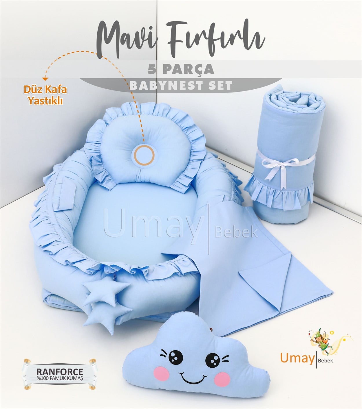 Umay Bebek5 parça Babynest, bebek pikesi, yorganı, dekoratif gülen yastık - Mavi Fırfırlı