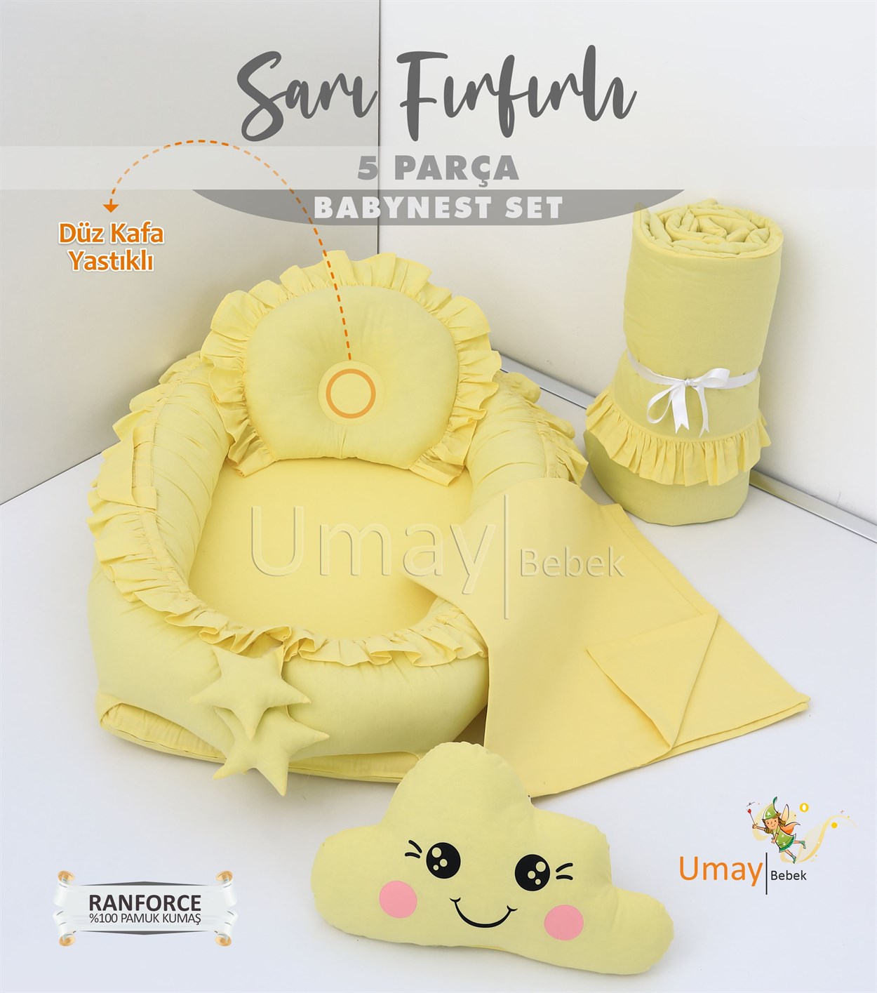 Umay Bebek5 parça Babynest, bebek pikesi, yorganı, dekoratif gülen yastık - Sarı Fırfırlı