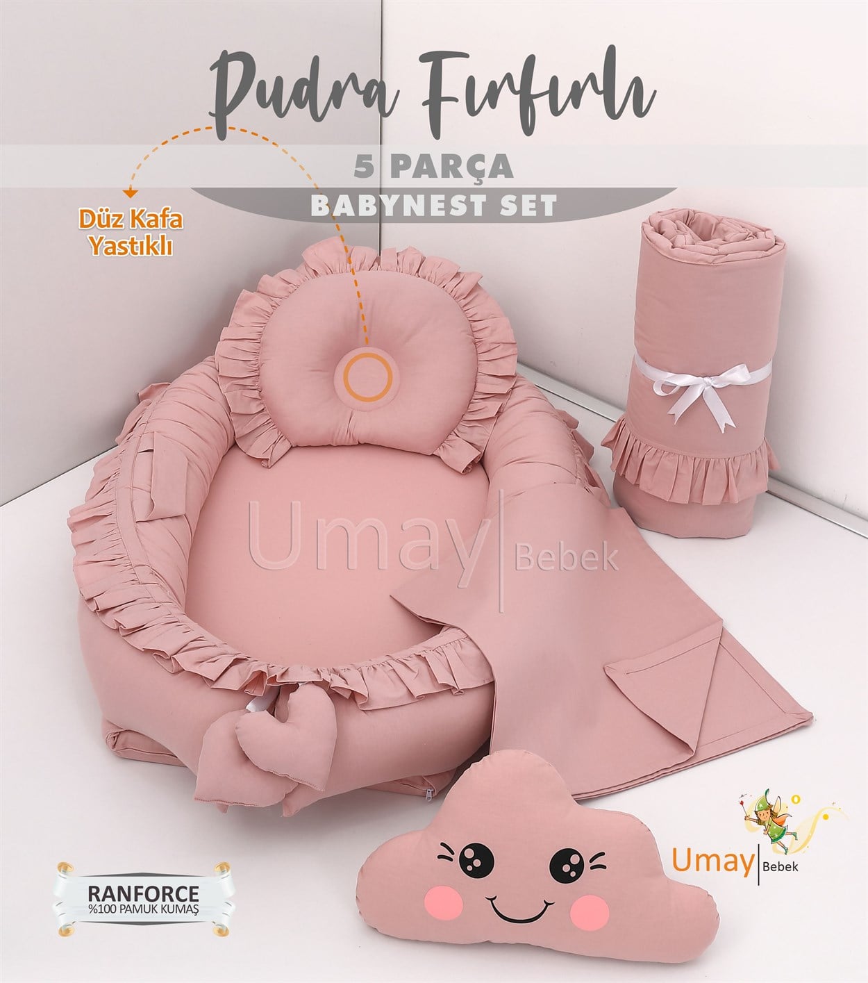 Umay Bebek5 parça Babynest, bebek pikesi, yorganı, dekoratif gülen yastık - Pudra Fırfırlı