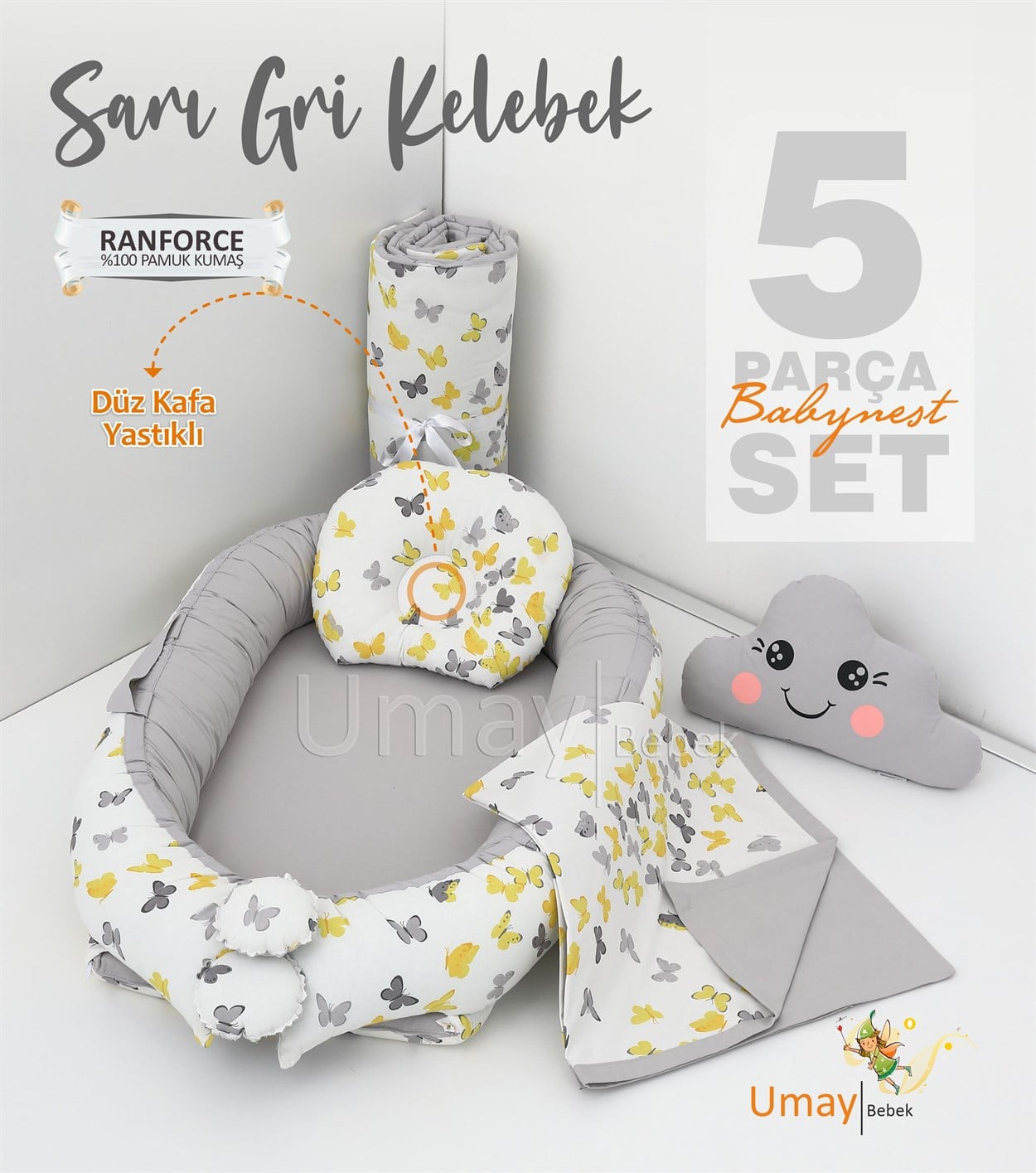 Umay Bebek5 parça Babynest, bebek pikesi, yorganı, dekoratif gülen yastık - Sarı/Gri Kelebek