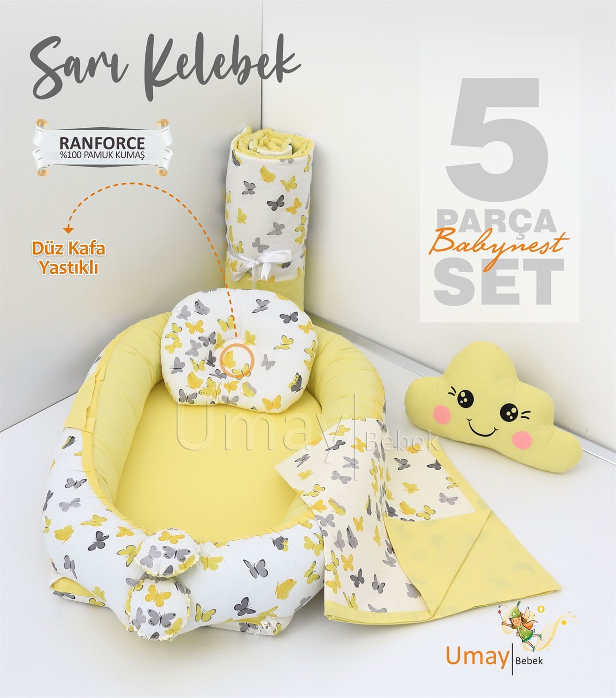 Umay Bebek5 parça Babynest, bebek pikesi, yorganı, dekoratif gülen yastık - Sarı Kelebek