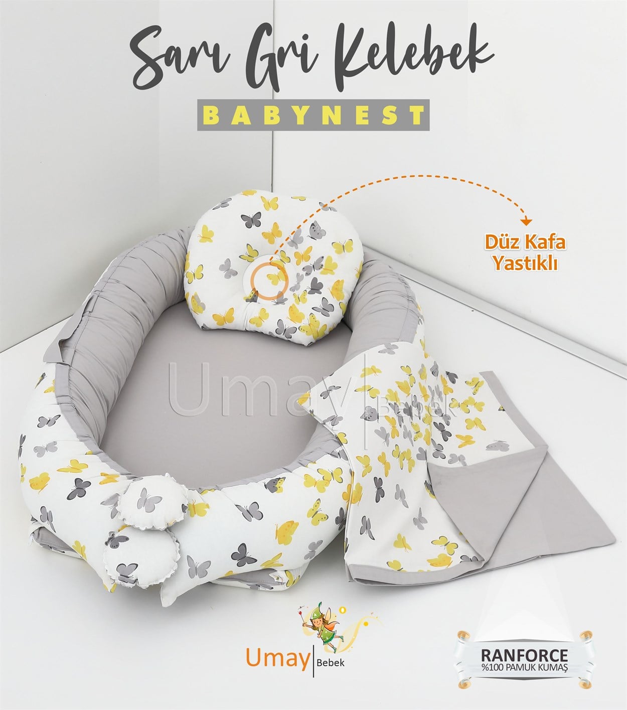 Umay BebekBabynest, bebek pikesi - Sarı Gri Kelebek