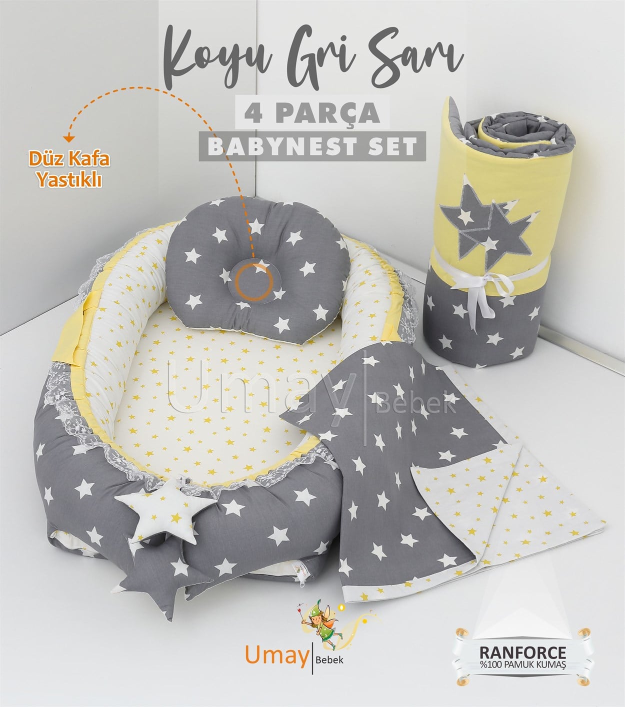 Umay BebekBabynest, Bebek pikesi, yorganı - Koyu Gri/Sarı