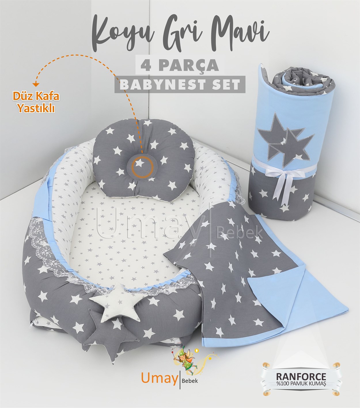 Umay BebekBabynest, Bebek pikesi, yorganı - Koyu Gri/Mavi