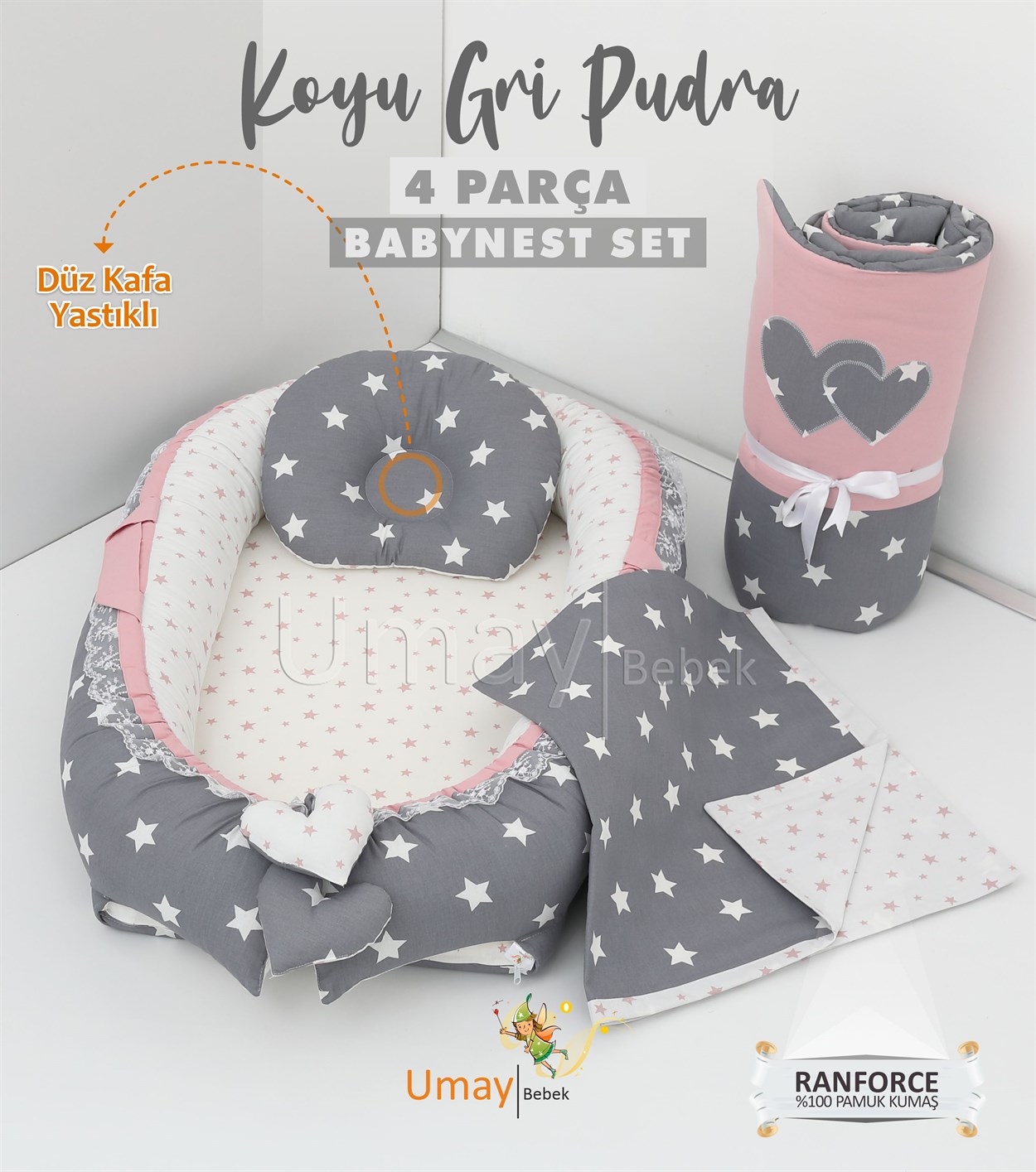 Umay BebekBabynest, Bebek pikesi, yorganı - Koyu Gri/Pudra