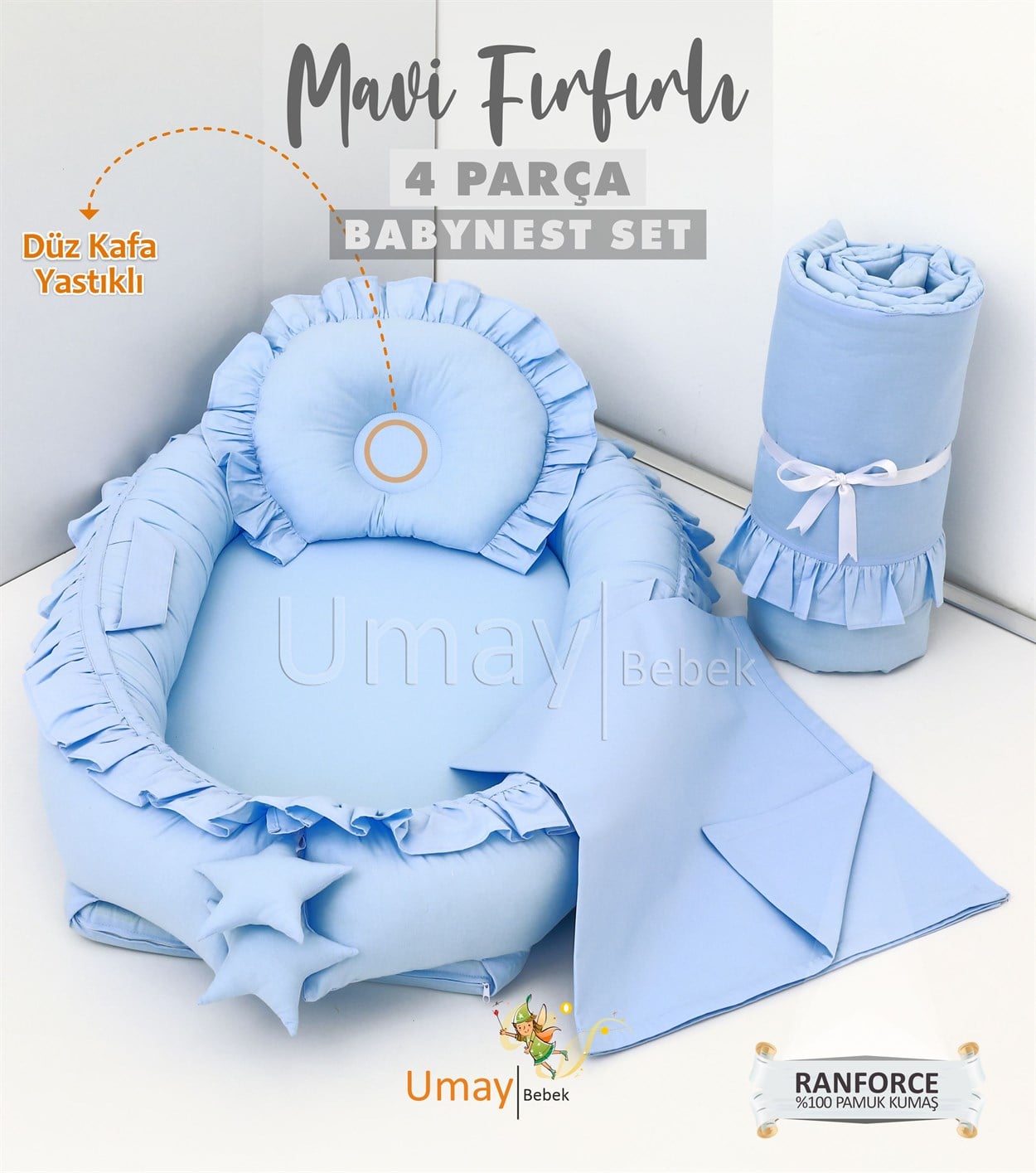 Umay BebekBabynest, Bebek pikesi, yorganı - Mavi Fırfırlı