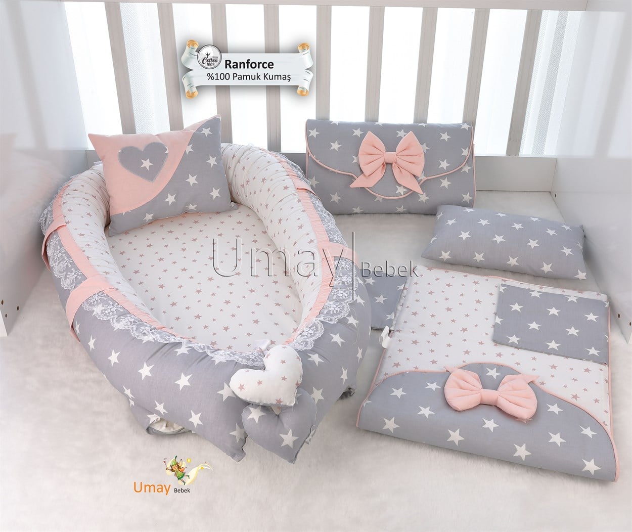 Umay BebekBabynest Çantalı Alt Açma Seti (Açık Gri Pembe)