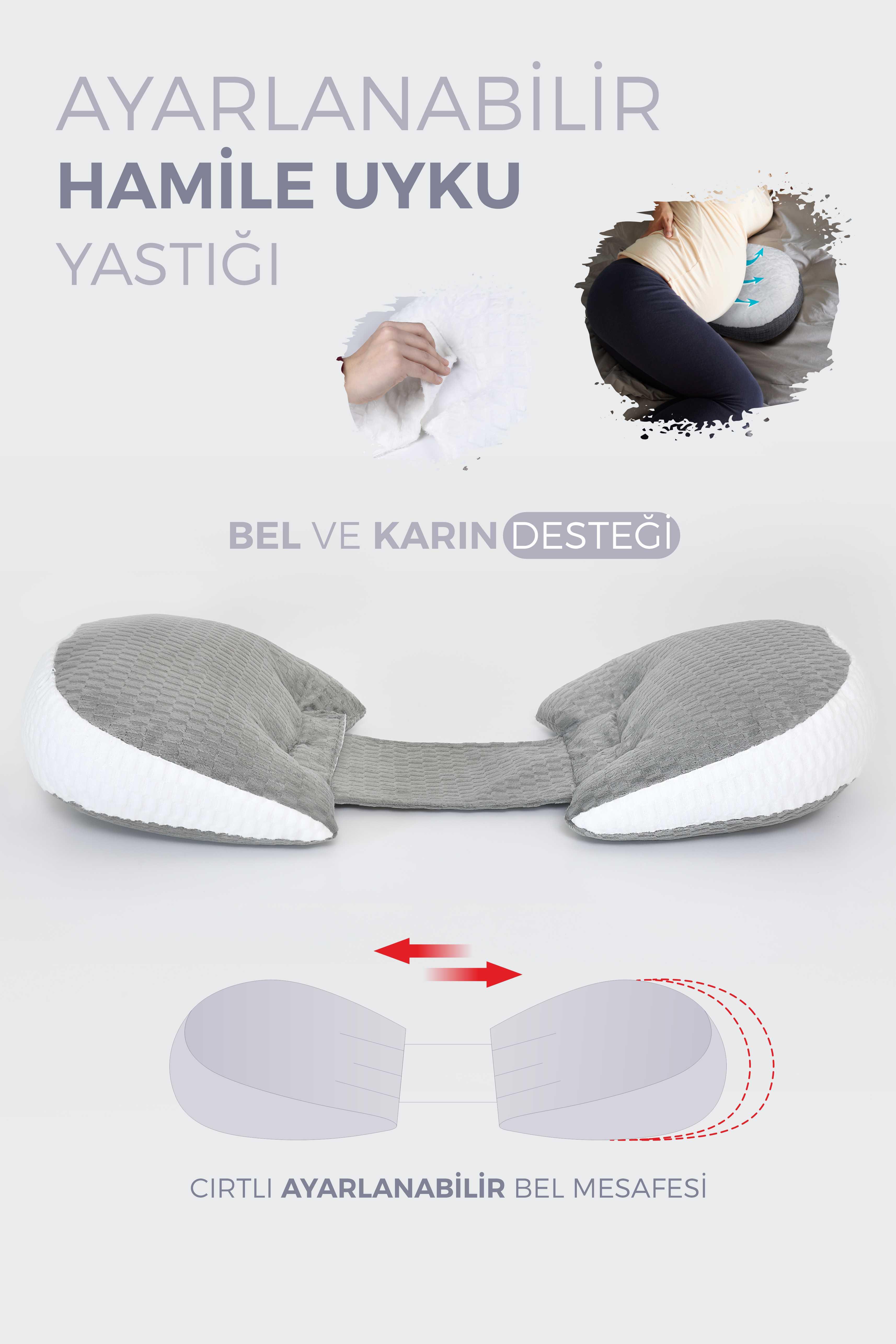 Umay BebekBel ve Karın Desteği, Hamile Yastığı, Çok Fonksiyonlu, Uyku  Emzirme  Yastığı, Ayarlanabilir, Cırtlı - Gri / Beyaz