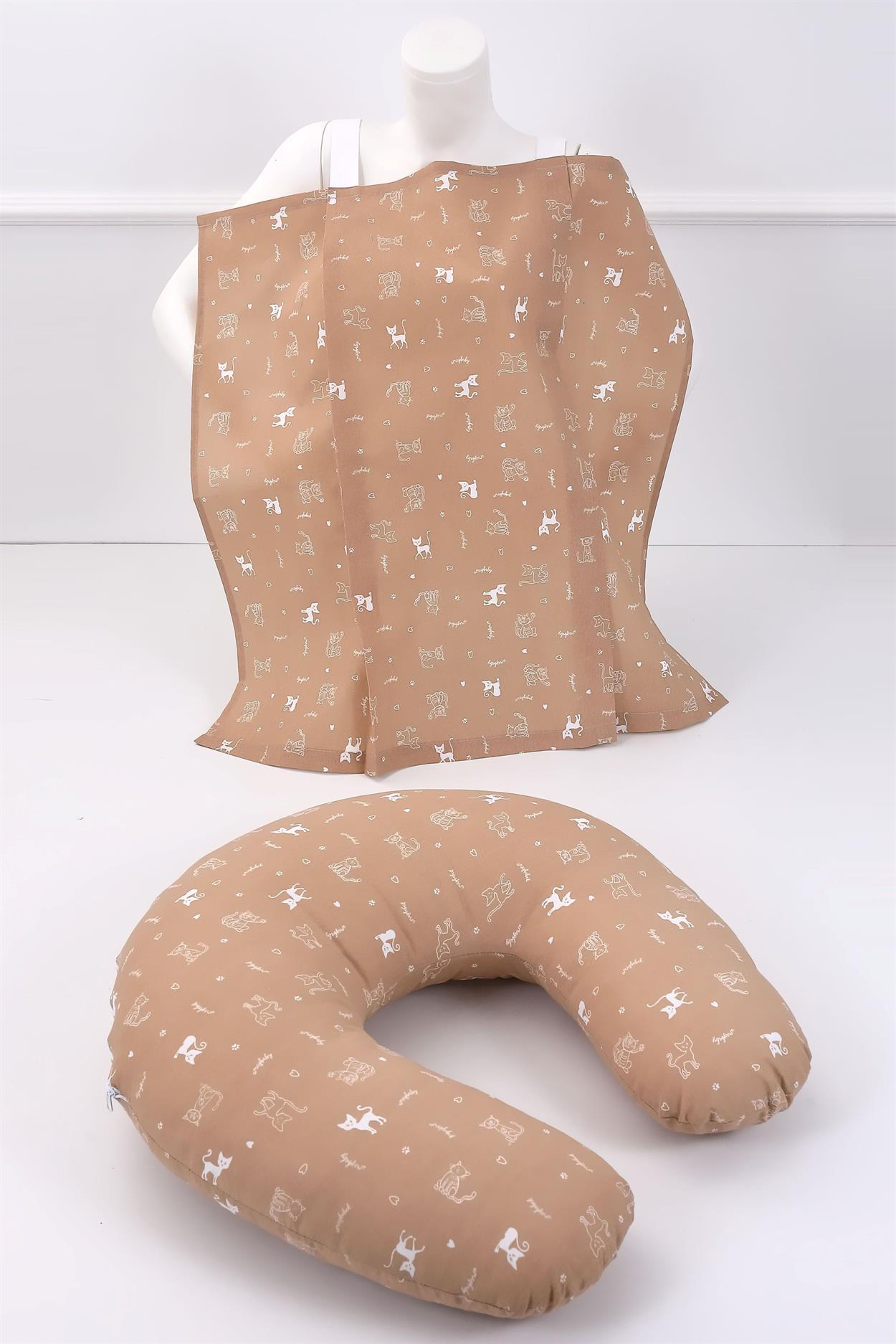 Umay BebekEmzirme Yastığı Emzirme Önlüğü Set (Kahve Kedi)