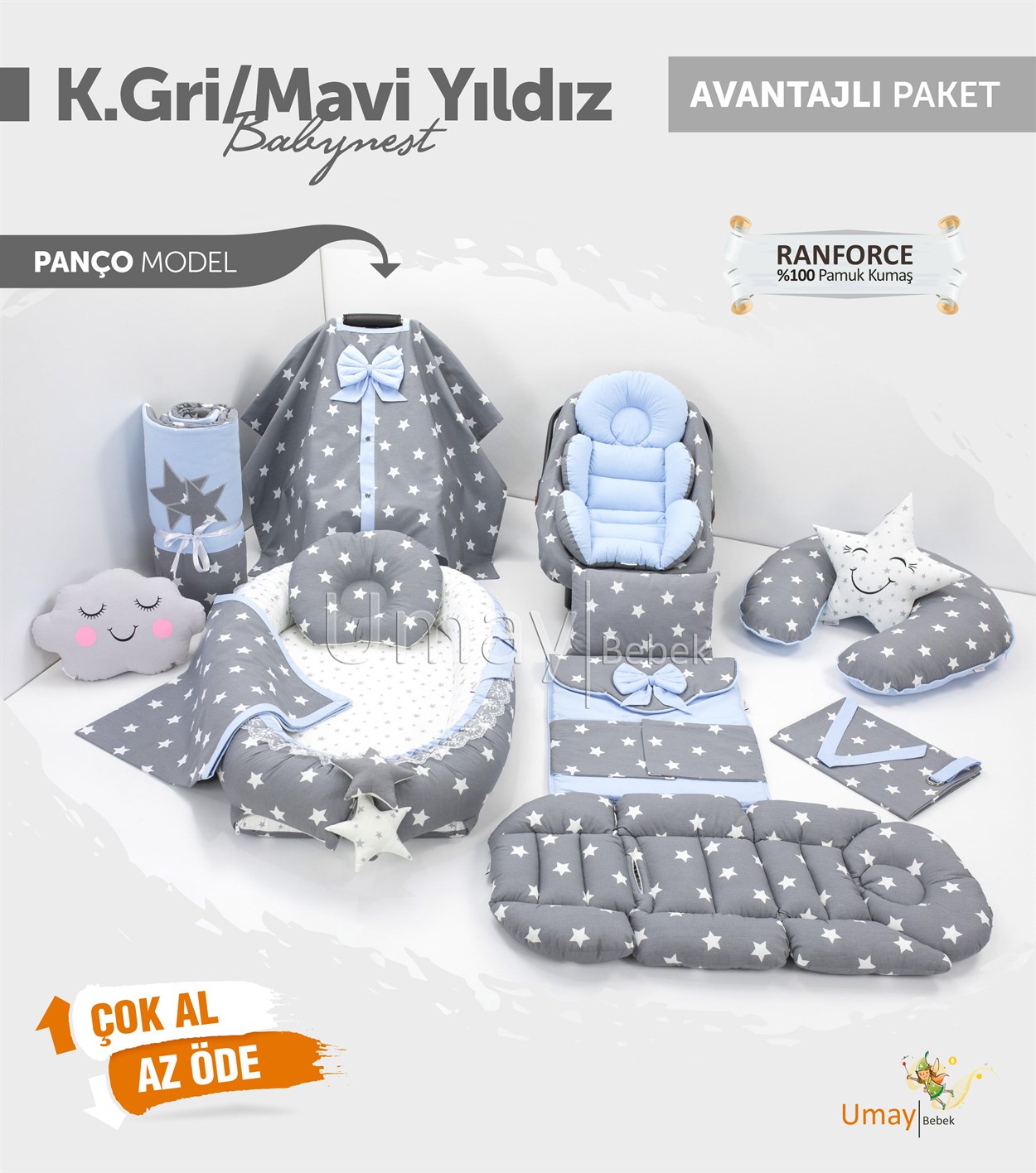 Umay BebekKoyu Gri/Mavi Yıldızlı Komple Set