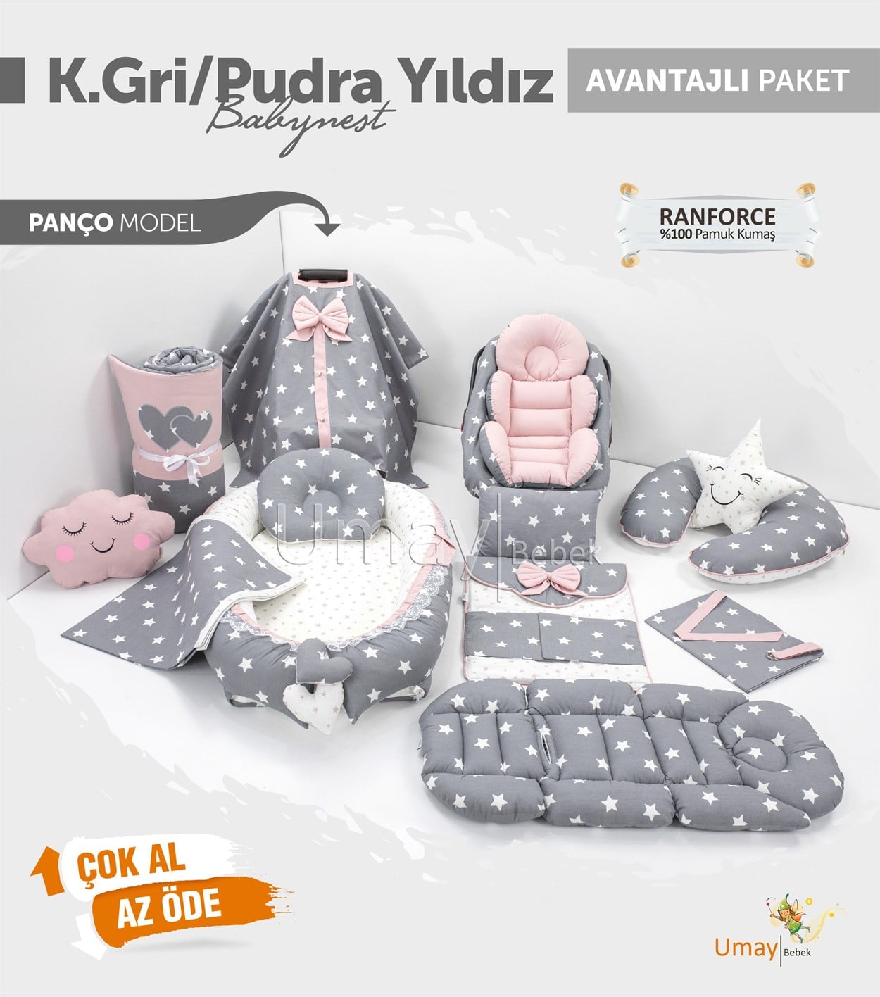 Umay BebekKoyu Gri/Pudra Yıldızlı Komple Set