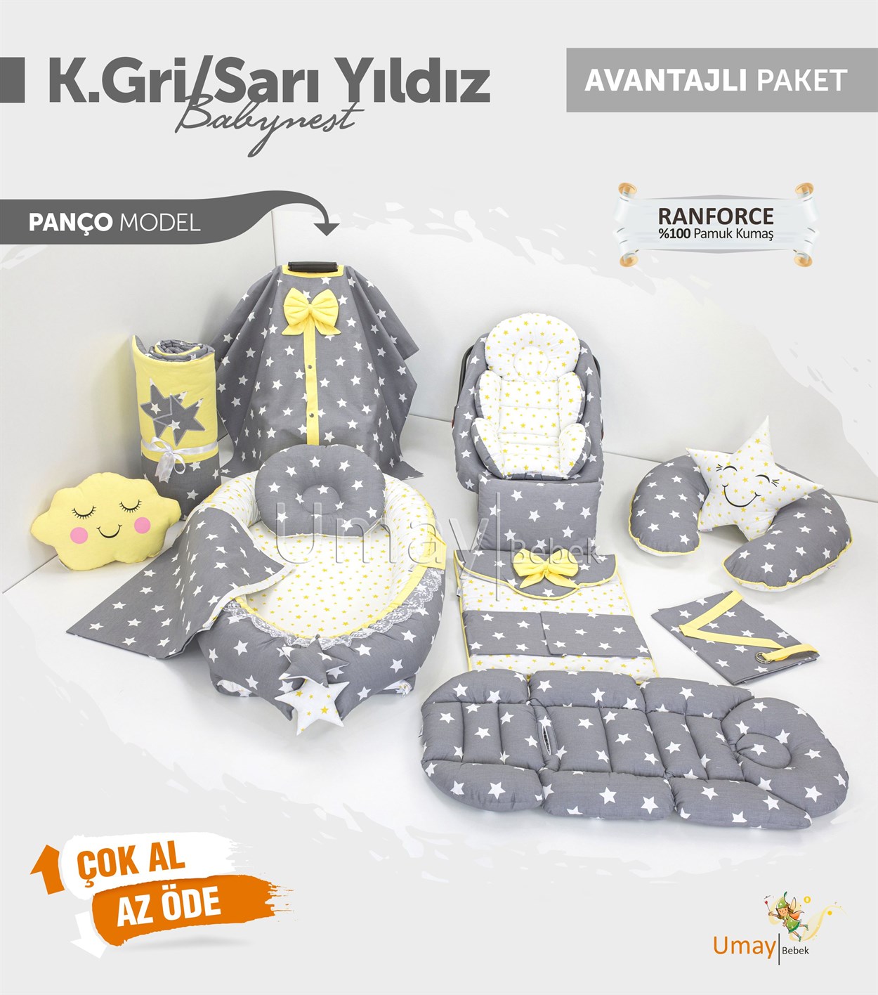 Umay BebekKoyu Gri/Sarı Yıldızlı Komple Set