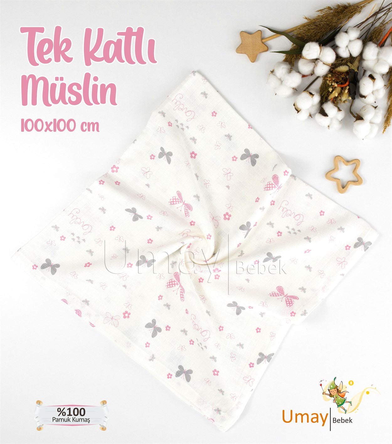 Umay BebekOrganik tek katlı müslin pike, battaniye, ter bezi, ağız bezi, banyo - Pembe Kelebek
