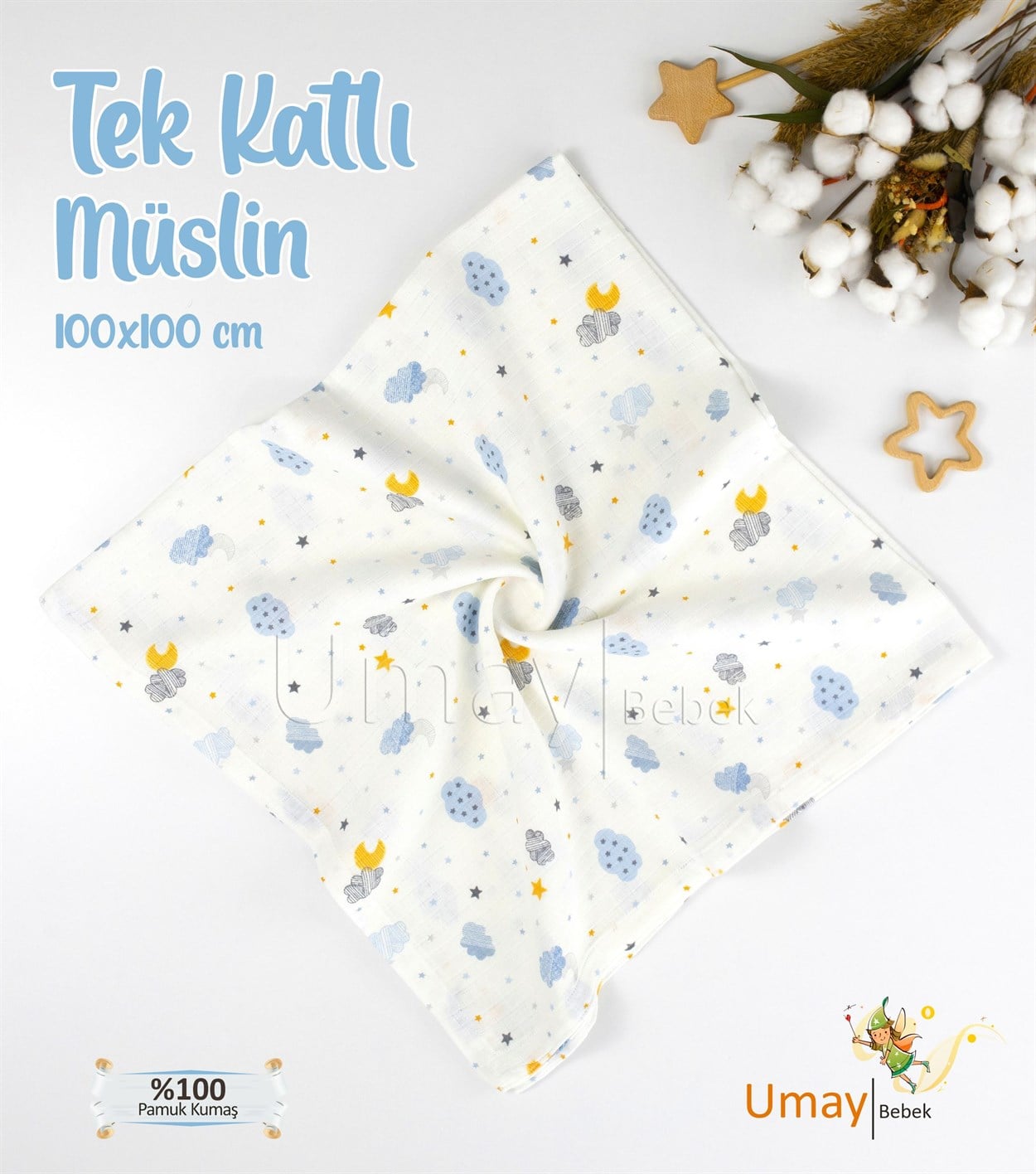 Umay BebekOrganik tek katlı müslin pike, battaniye, ter bezi, ağız bezi, banyo - Mavi Bulut