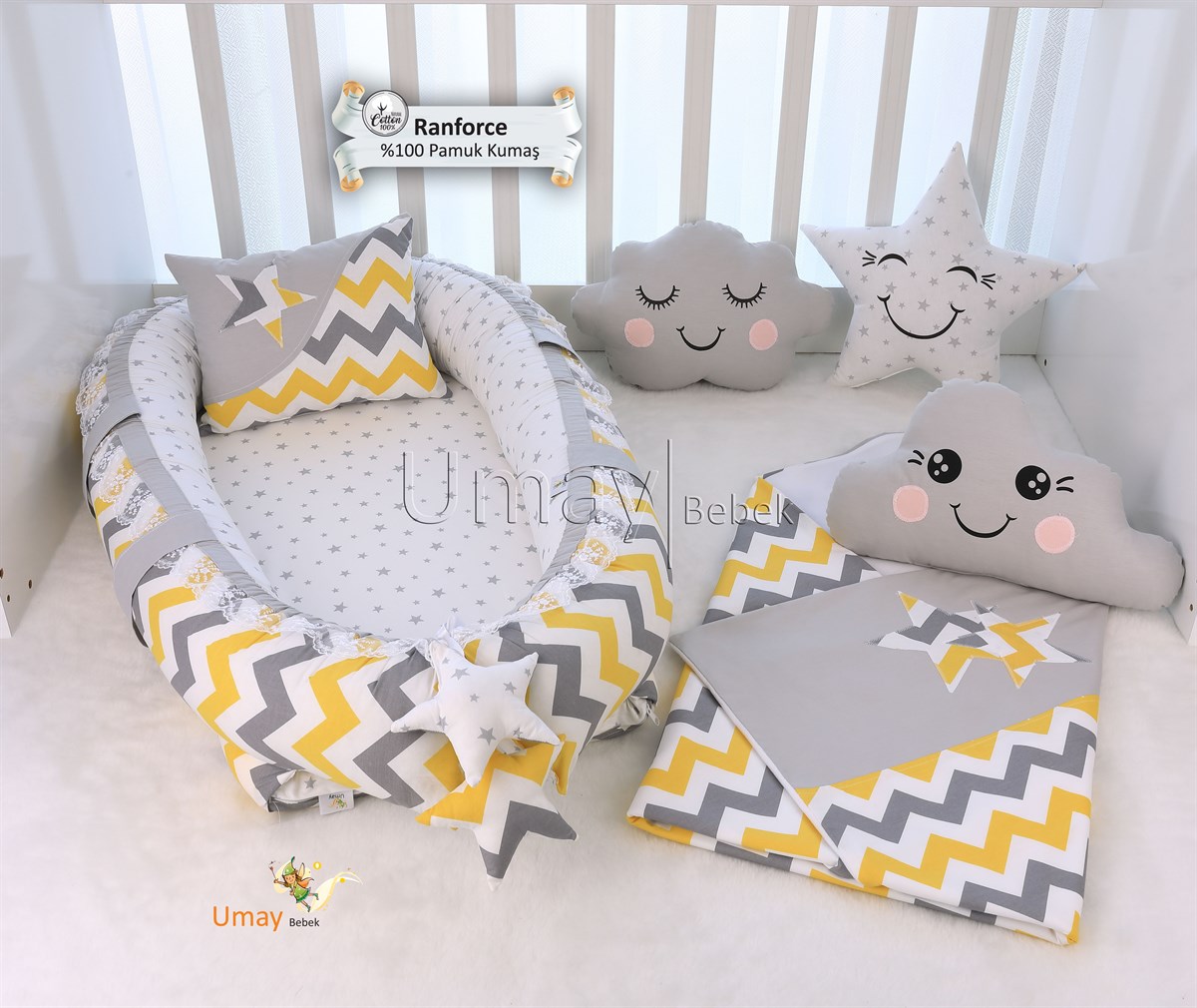Umay BebekSarı Gri Zigzag Babynest Bebek Yatak Takımı Polar Battaniyeli