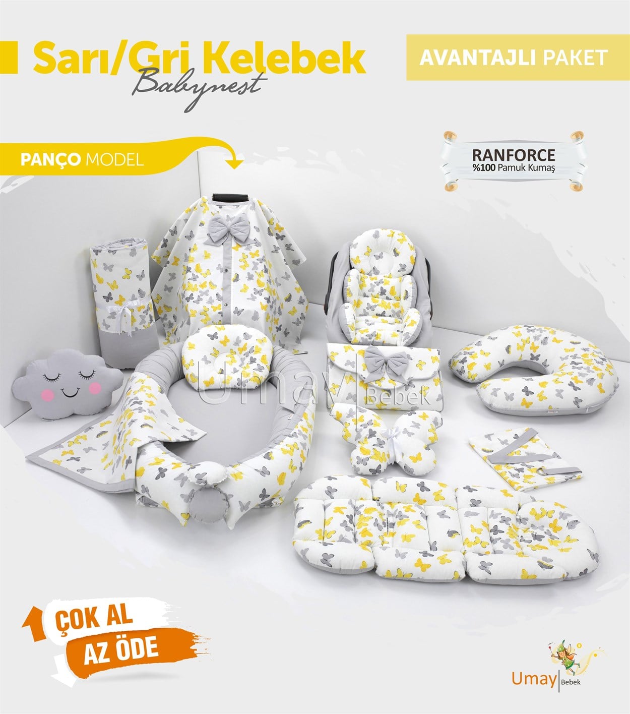 Umay BebekSarı/Gri Kelebek Komple Set (Tutmalı)