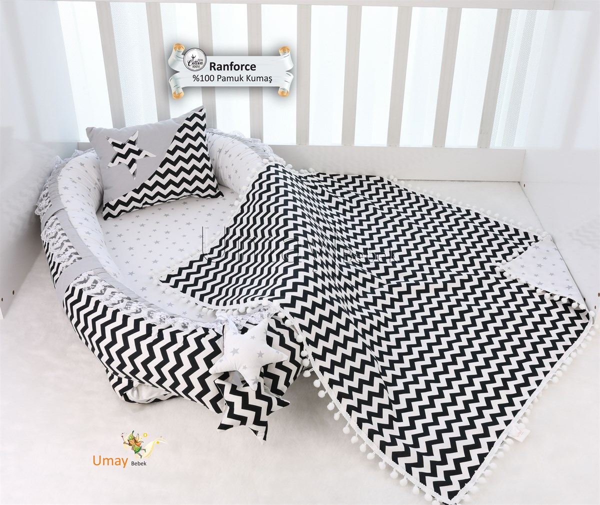 Umay BebekSiyah Zigzag Babynest Bebek Yatağı ve Pikesi