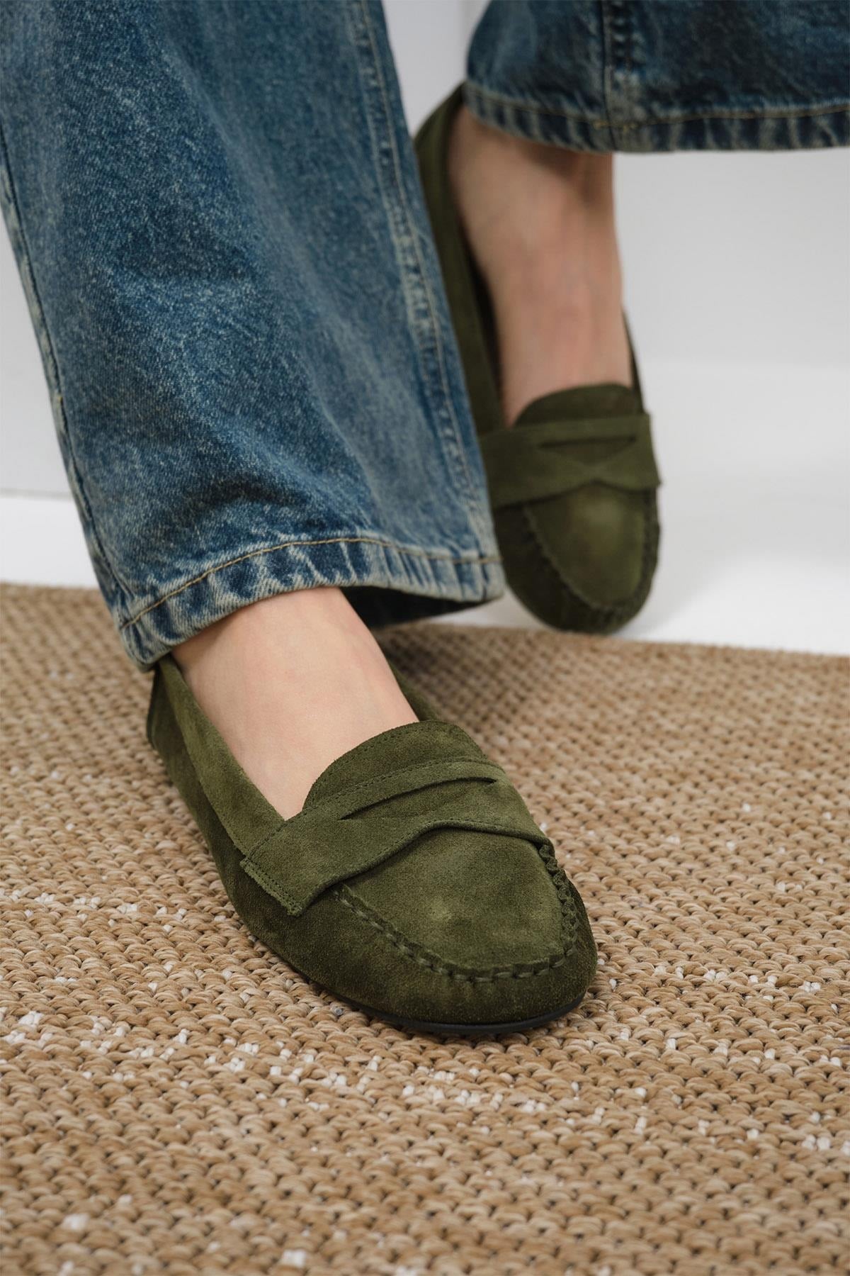 Hakiki süet haki renk loafer - Mio Gusto geçiş sezonu loafer modelleri