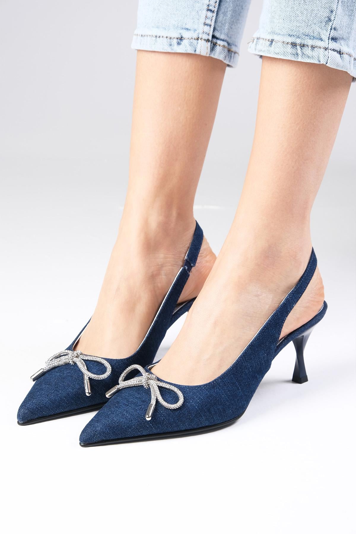 Alexis Navy Blue Color Denim Fabric Heels