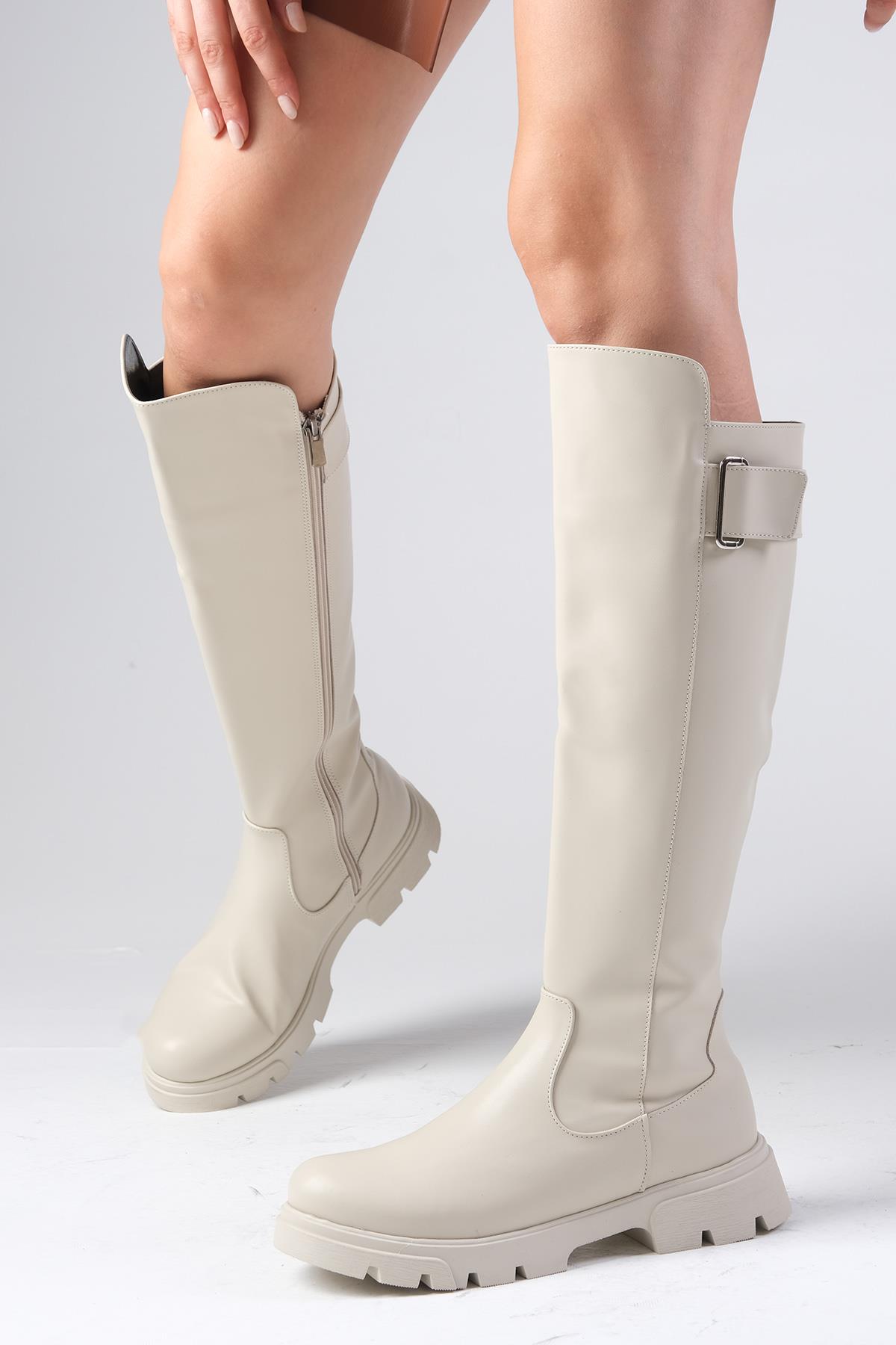 Arya Bej Renk Fermuarlı Postal Çizme