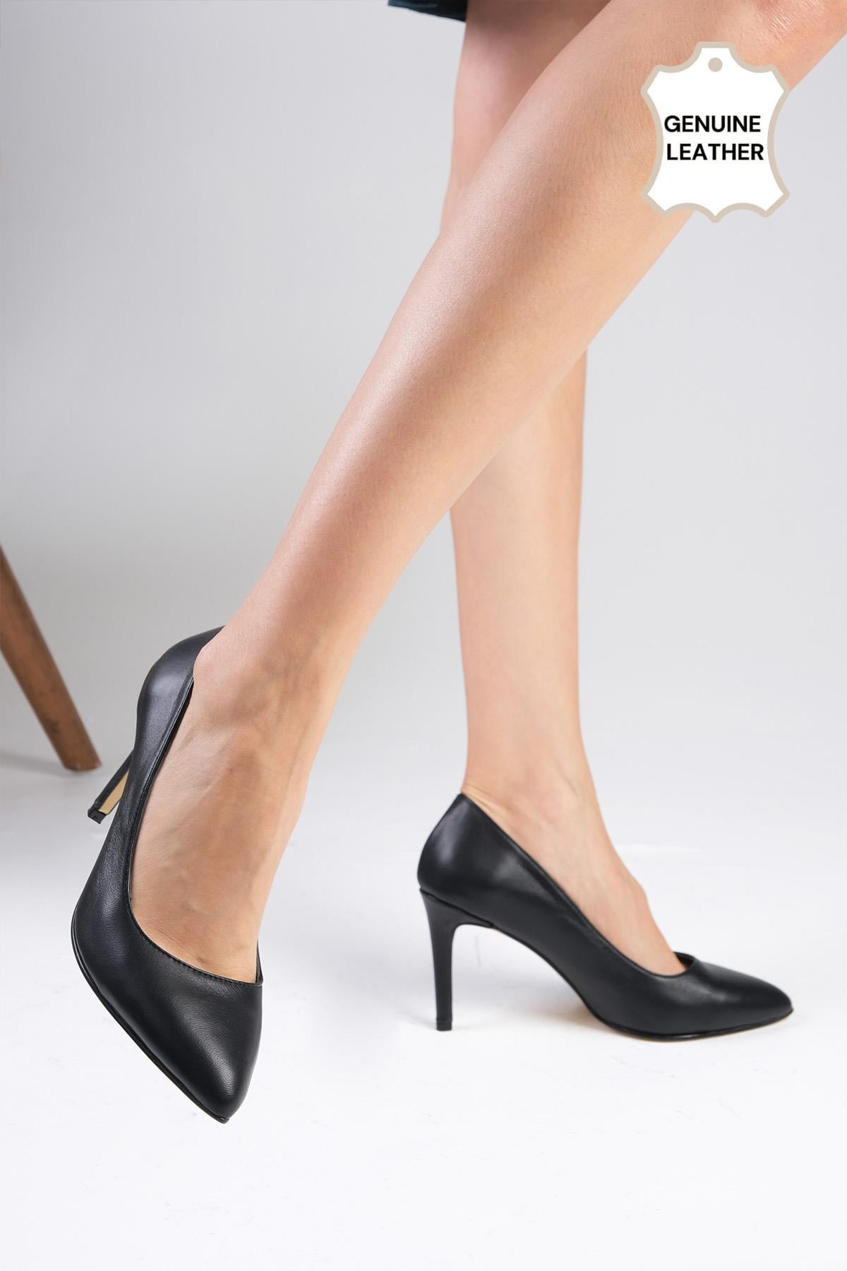Elora Hakiki Deri Siyah Renk Stiletto