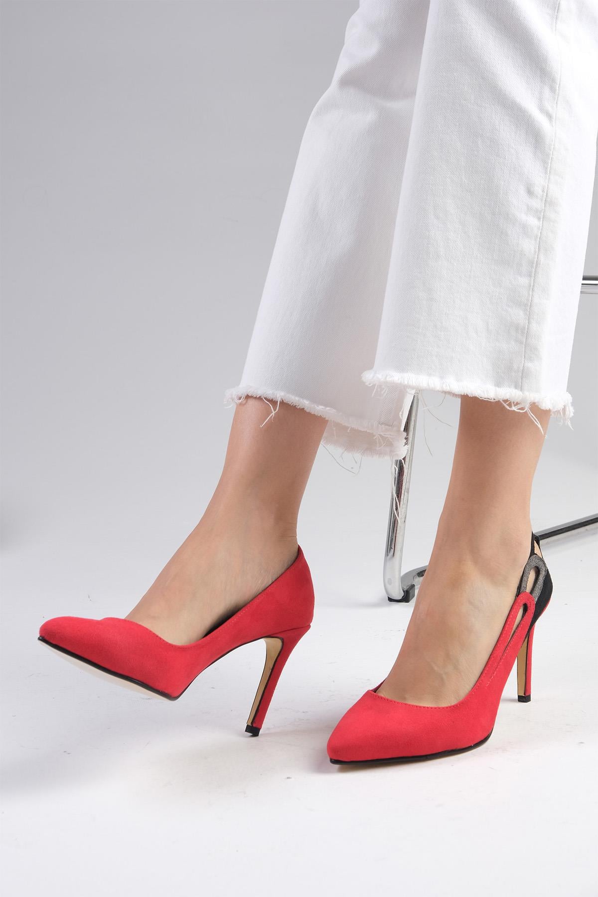 Elvira Kırmızı Süet Renk Bloklu Stiletto