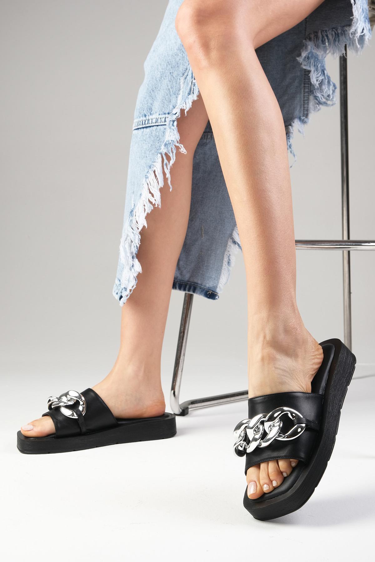 Estiva Genuine Leather Black Slides