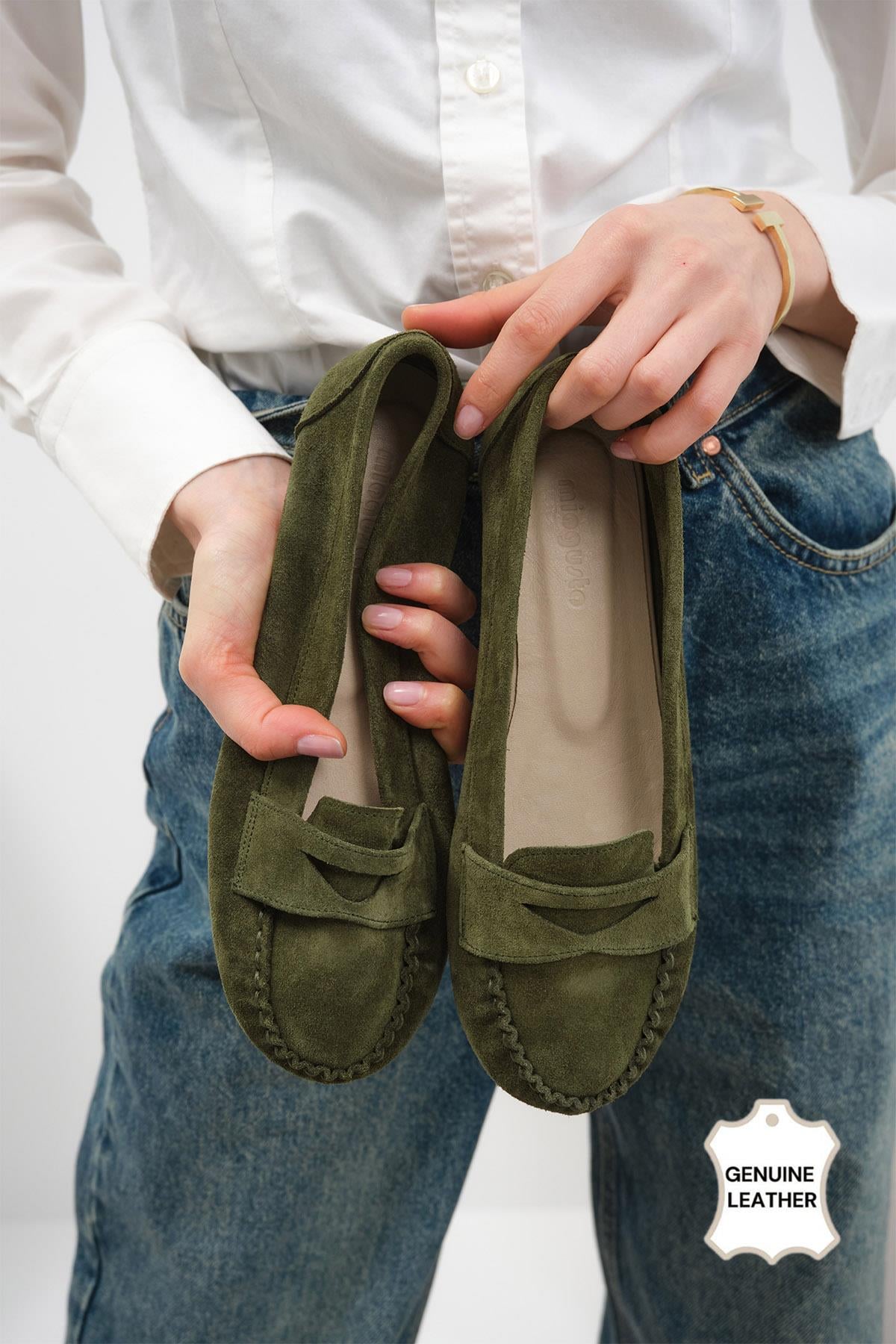 Capri Hakiki Süet Haki Renk Loafer