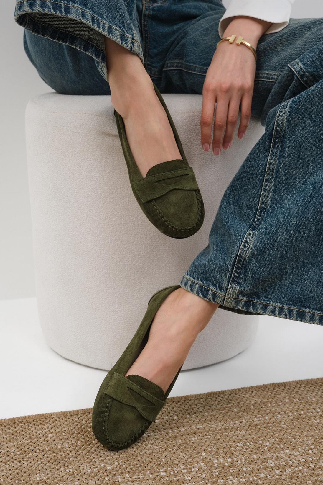 Capri Hakiki Süet Haki Renk Loafer