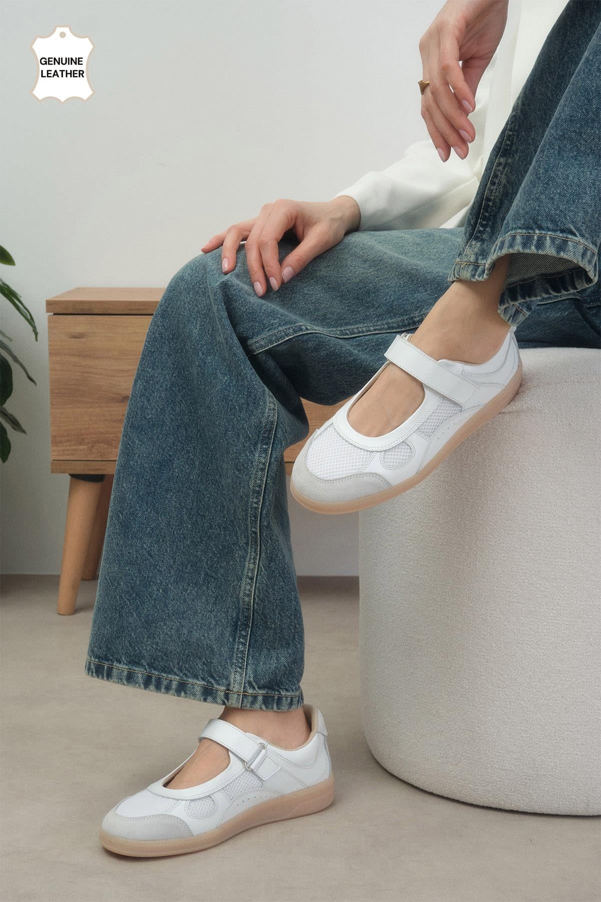 Zoi Hakiki Deri Beyaz Renk Spor Babet