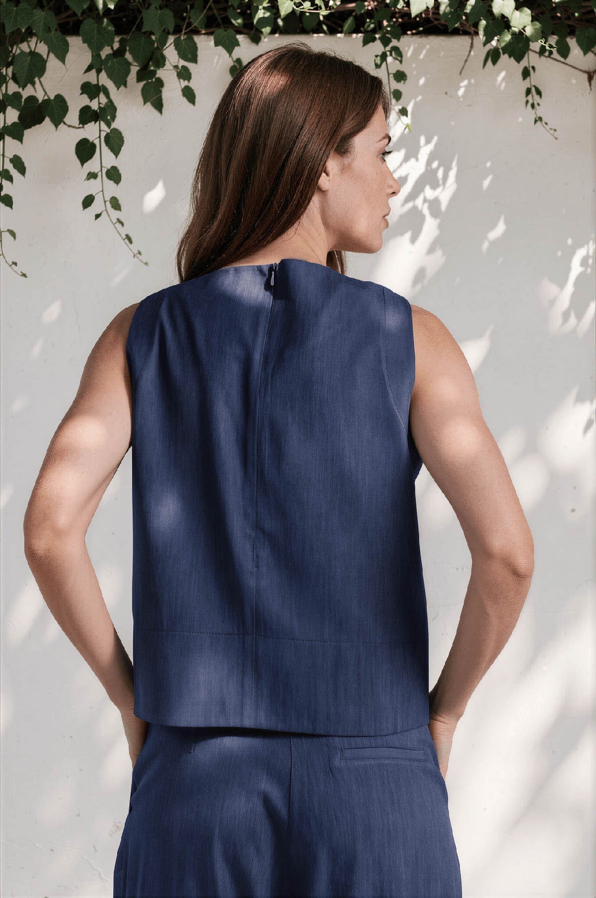 Denim Görünümlü Kolsuz Bluz ve Palazzo Pantolon Takım