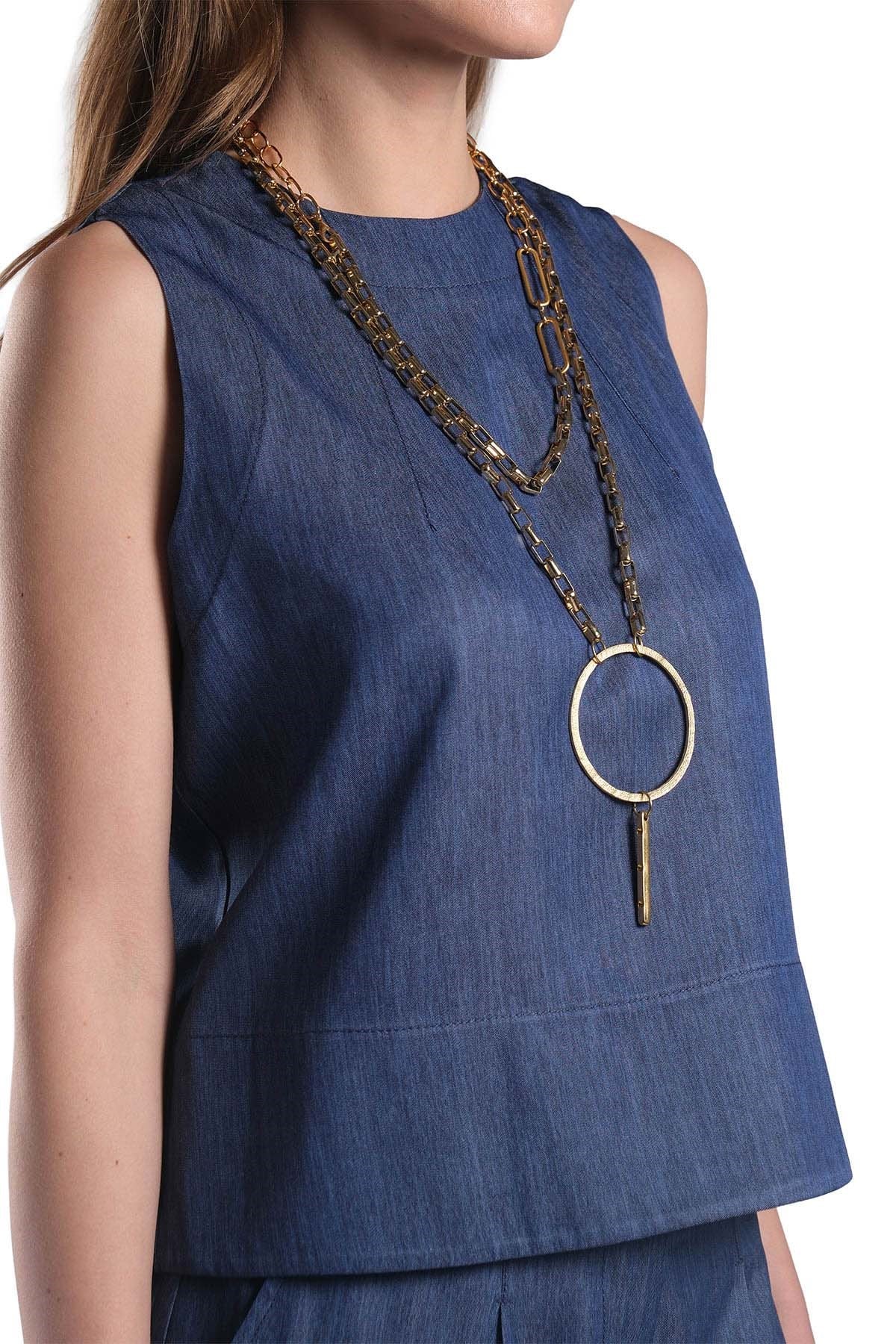 Denim Görünümlü Kolsuz Bluz ve Palazzo Pantolon Takım