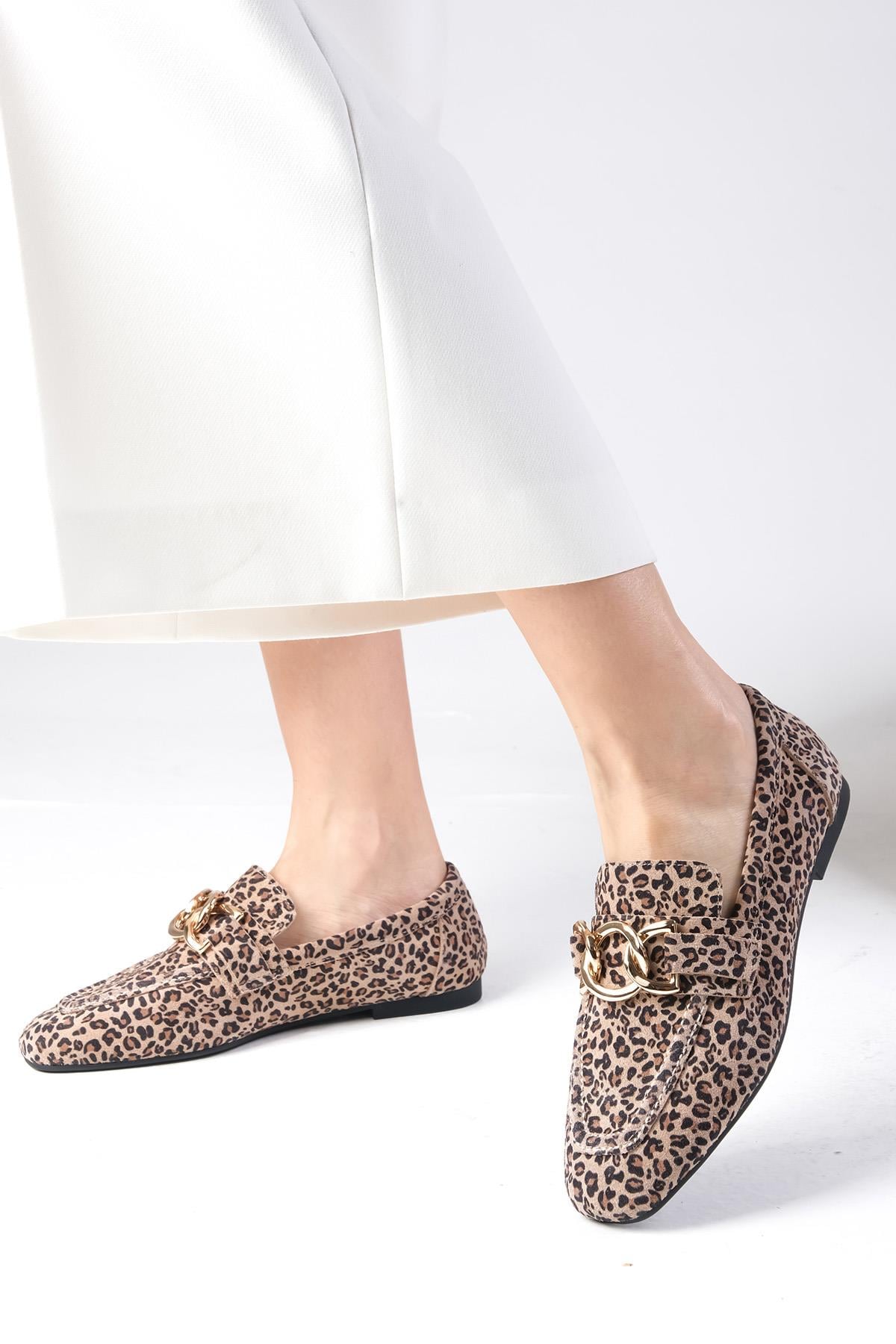 Myrcella Hakiki Deri Bej Renk Leopar Desenli Loafer