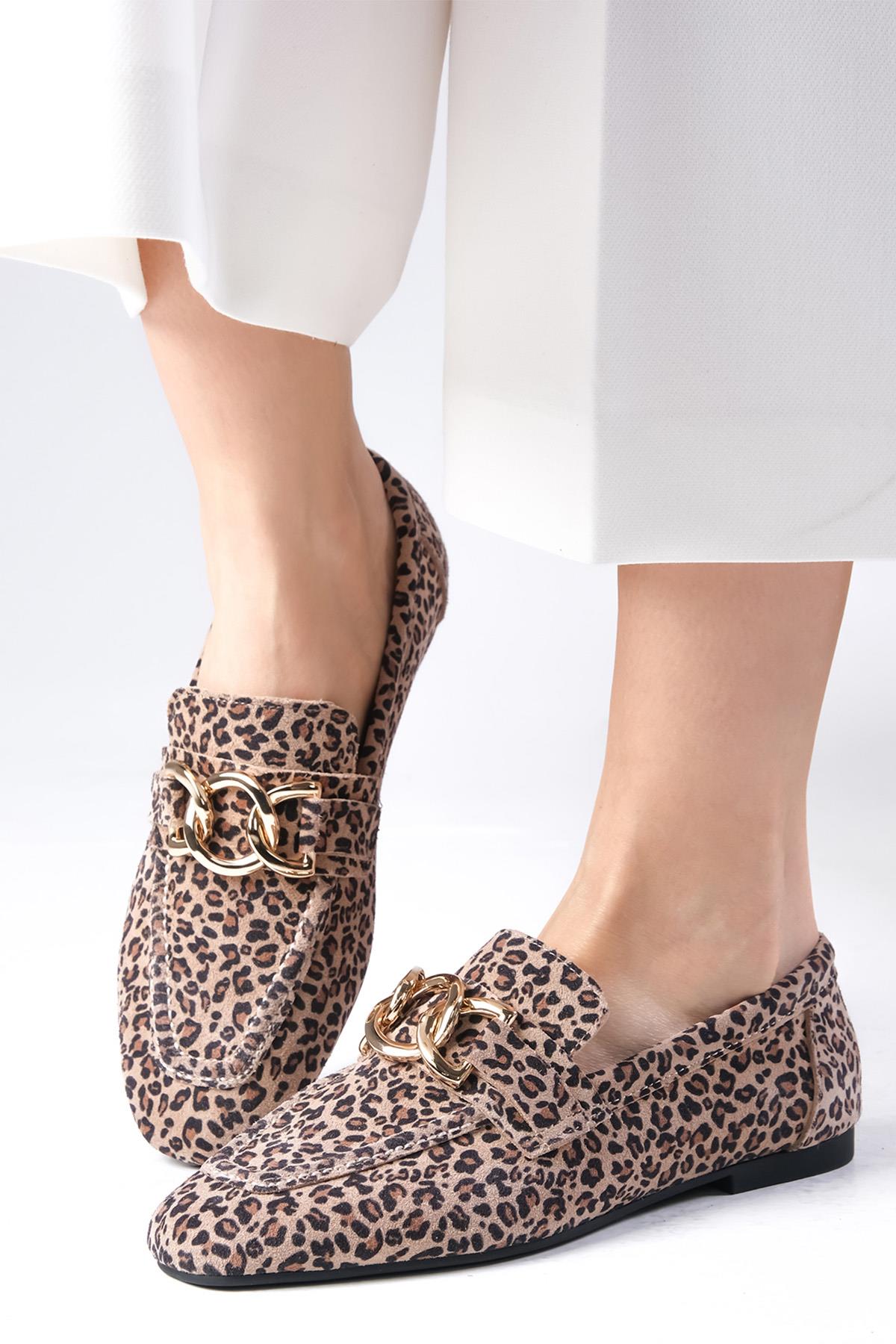 Myrcella Hakiki Deri Bej Renk Leopar Desenli Loafer