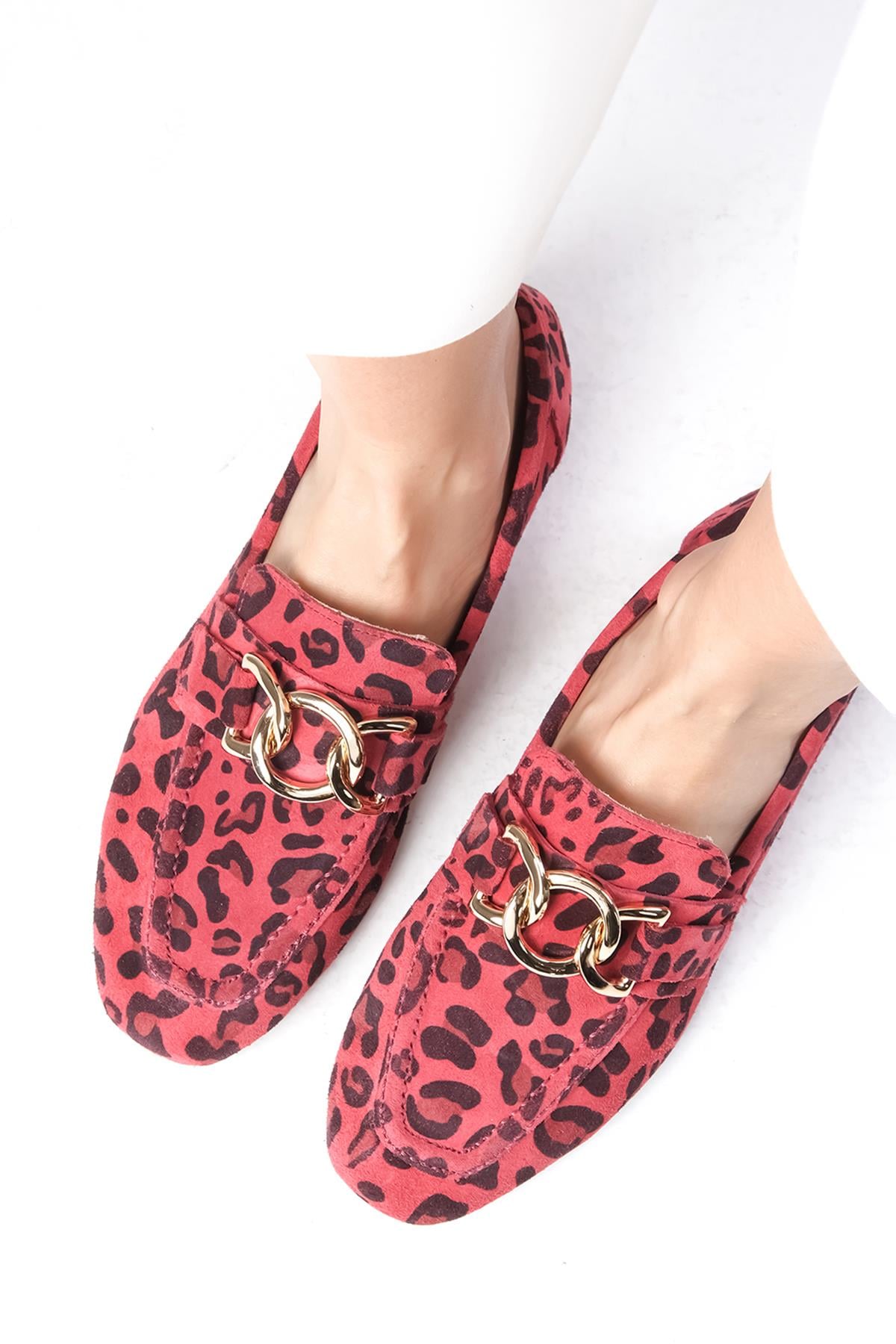 Myrcella Hakiki Süet Fuşya Renk Leopar Desenli Loafer