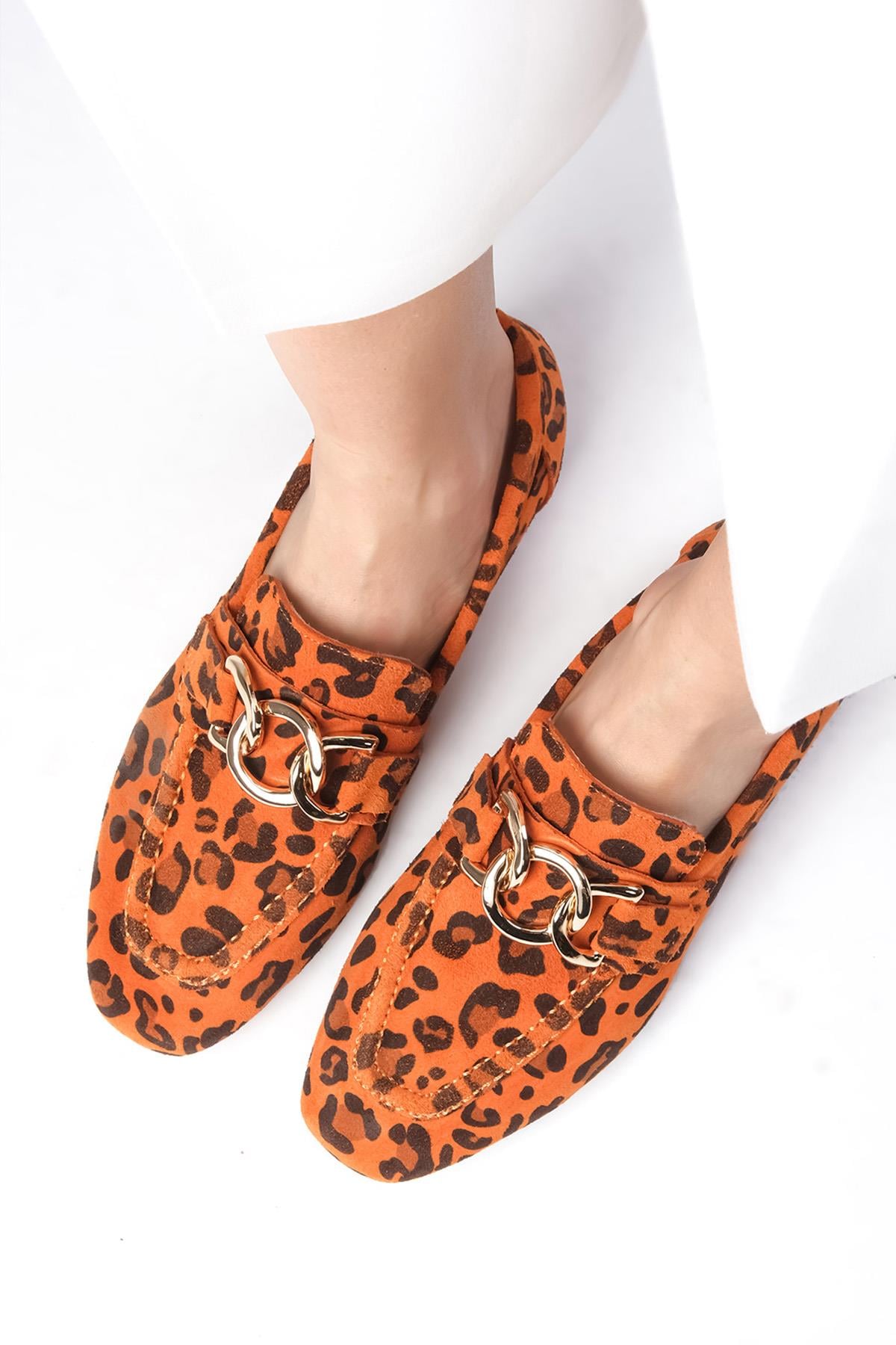 Myrcella Hakiki Süet Turuncu Renk Leopar Desenli Loafer