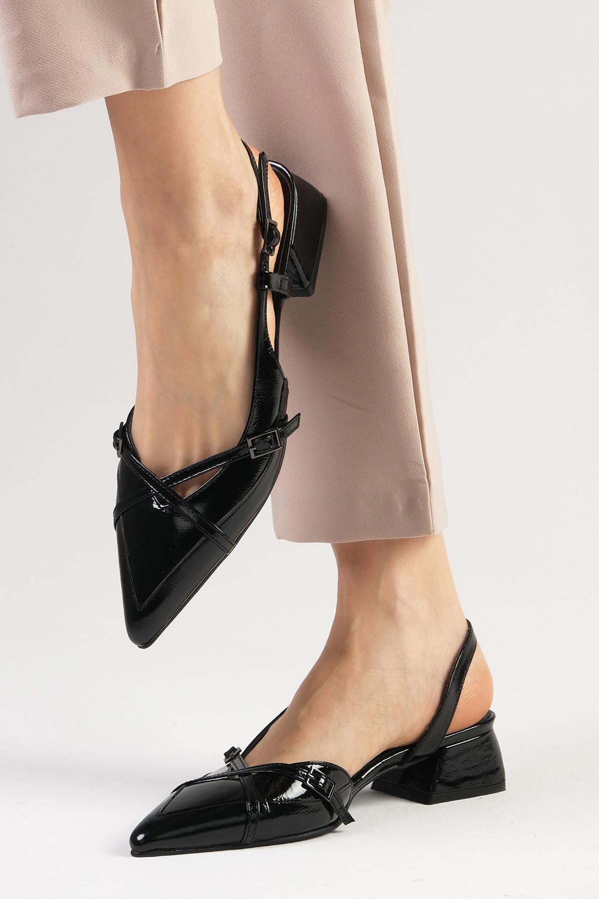 Mystic Genuine Patent Leather Black Color Short Heels