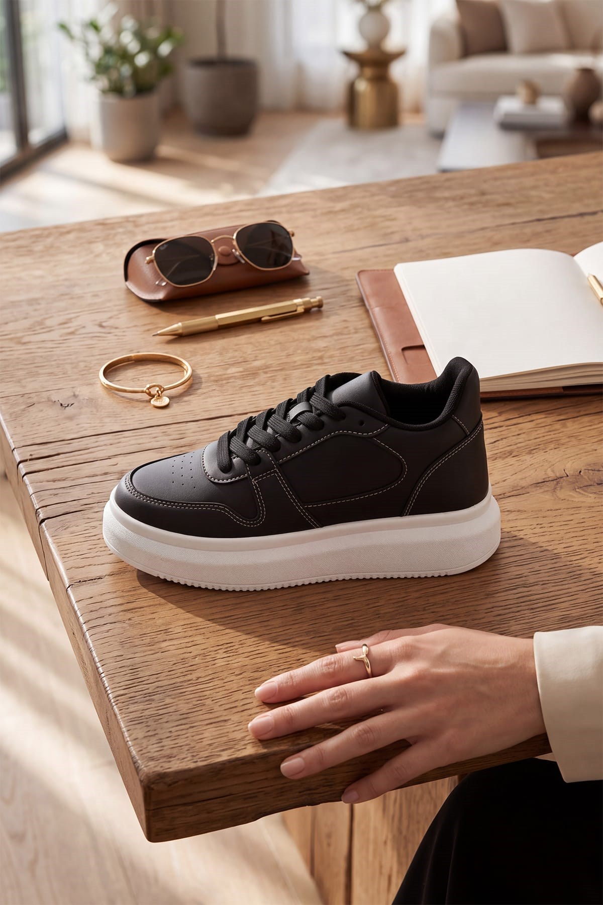 Secret 7 cm Boy Yükselten Dikiş Detaylı Siyah Sneaker