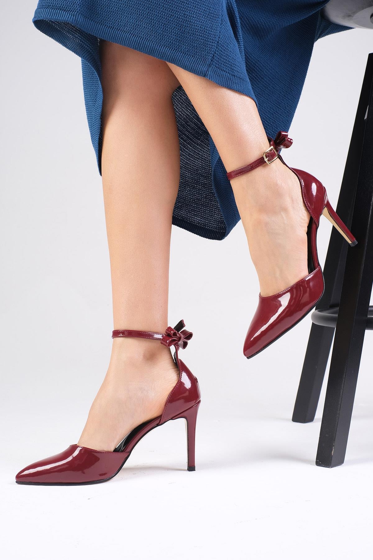 Sofia Burgundy Color Patent Leather Ankle Strap Heels