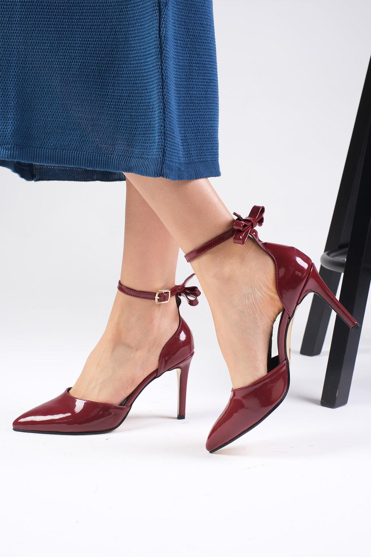 Sofia Burgundy Color Patent Leather Ankle Strap Heels