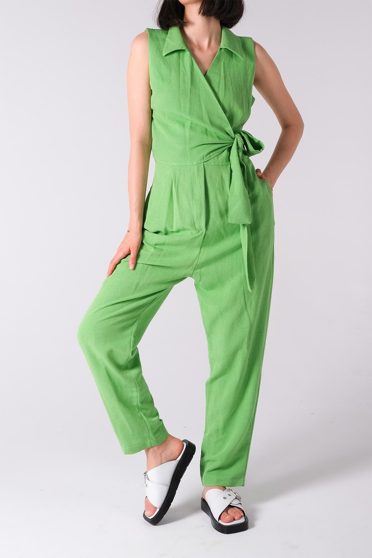MIOROPA Yeşil Sıfır Kol Kruvaze Cepli Kadın Tulum