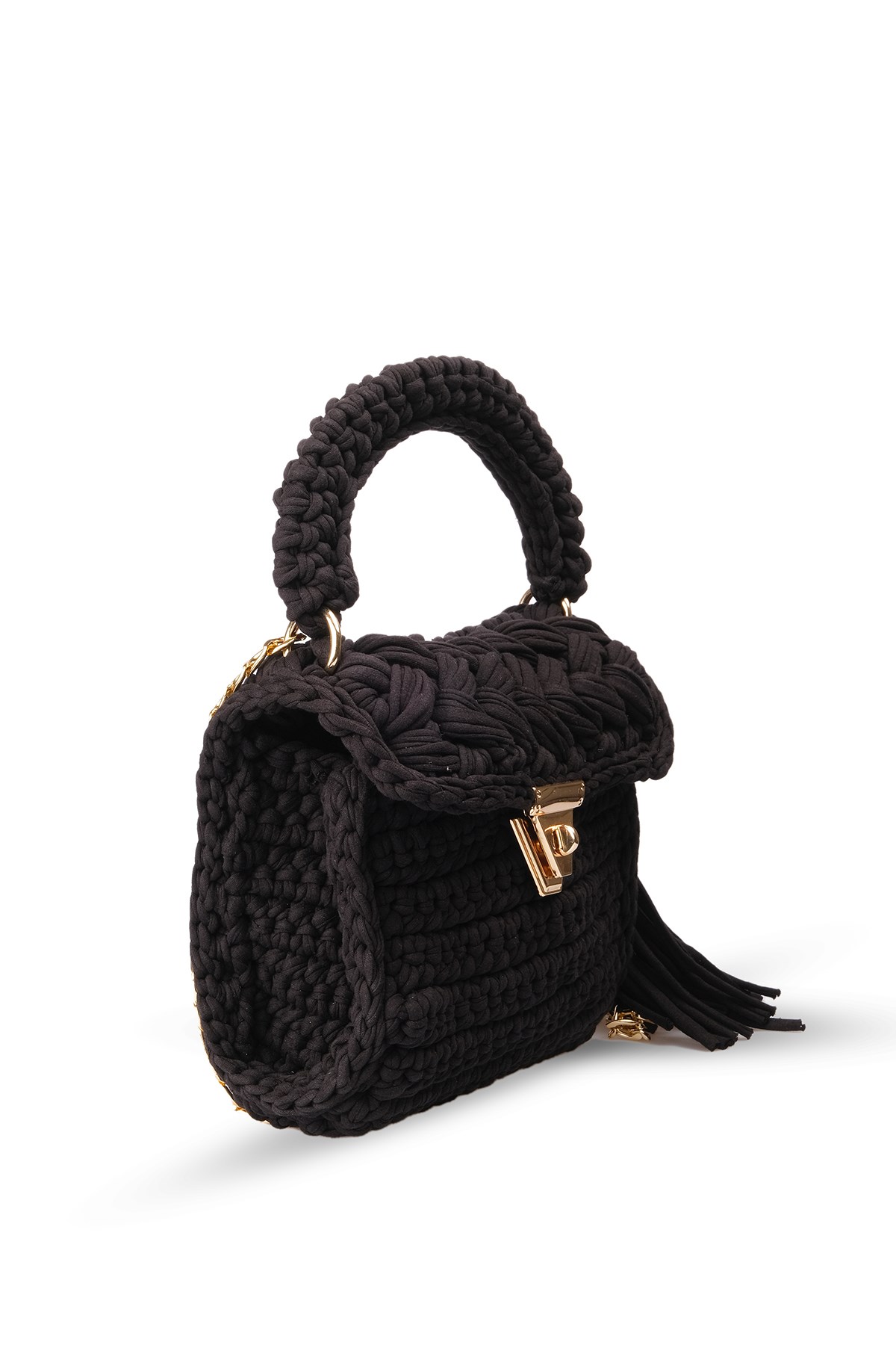  Siyah Renk Örgü El Yapımı Özel Tasarım Zincirli El ve Omuz Kadın Çanta 