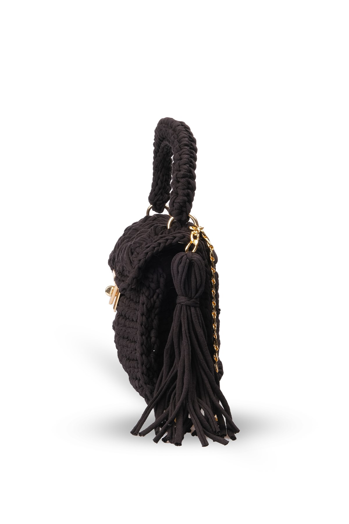  Siyah Renk Örgü El Yapımı Özel Tasarım Zincirli El ve Omuz Kadın Çanta 