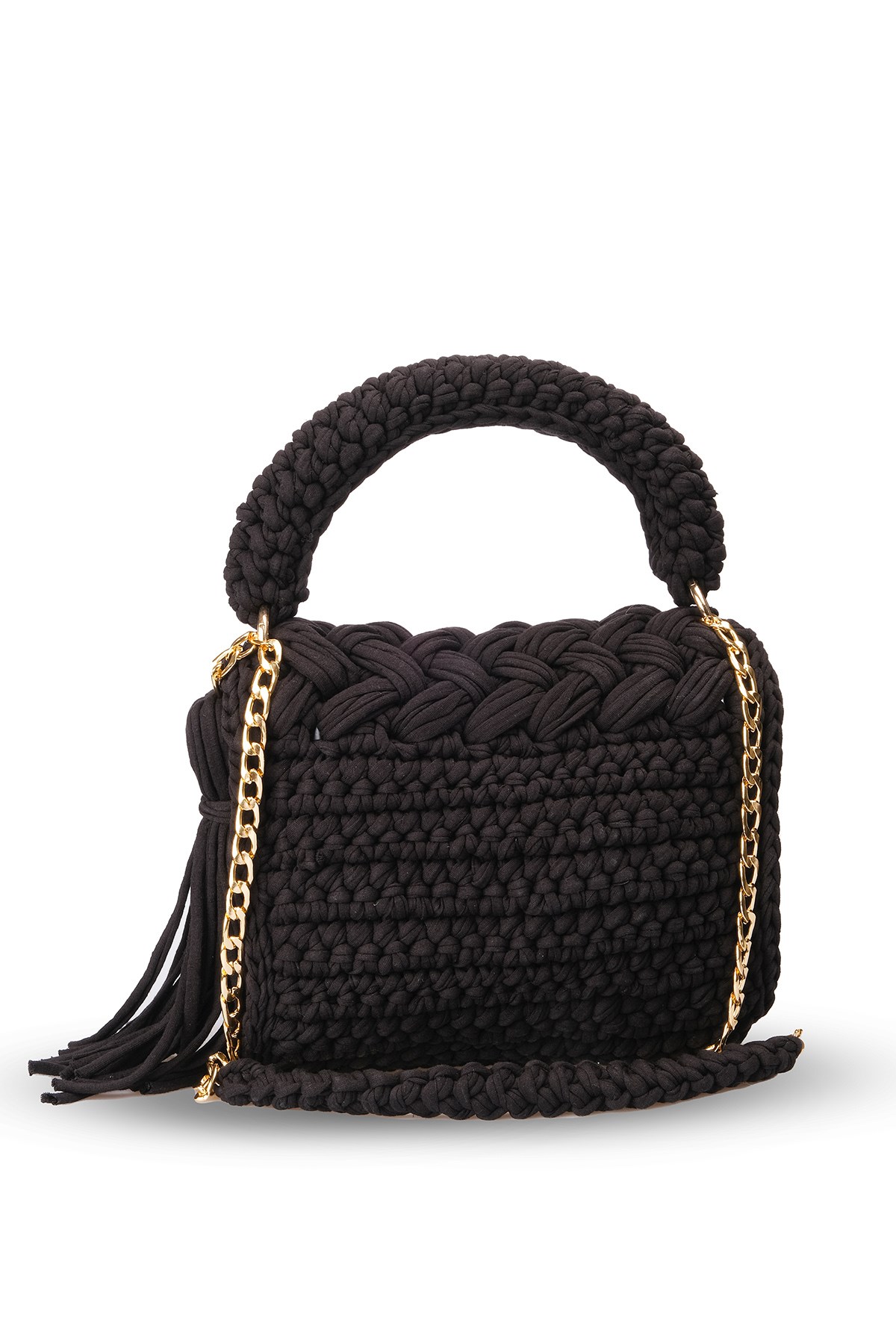 Siyah Renk Örgü El Yapımı Özel Tasarım Zincirli El ve Omuz Kadın Çanta 