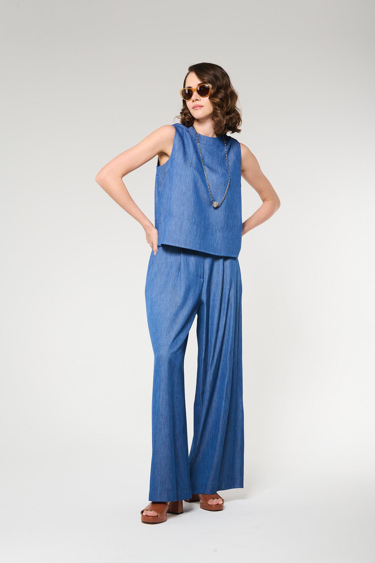 Denim Görünümlü Palazzo Pantolon